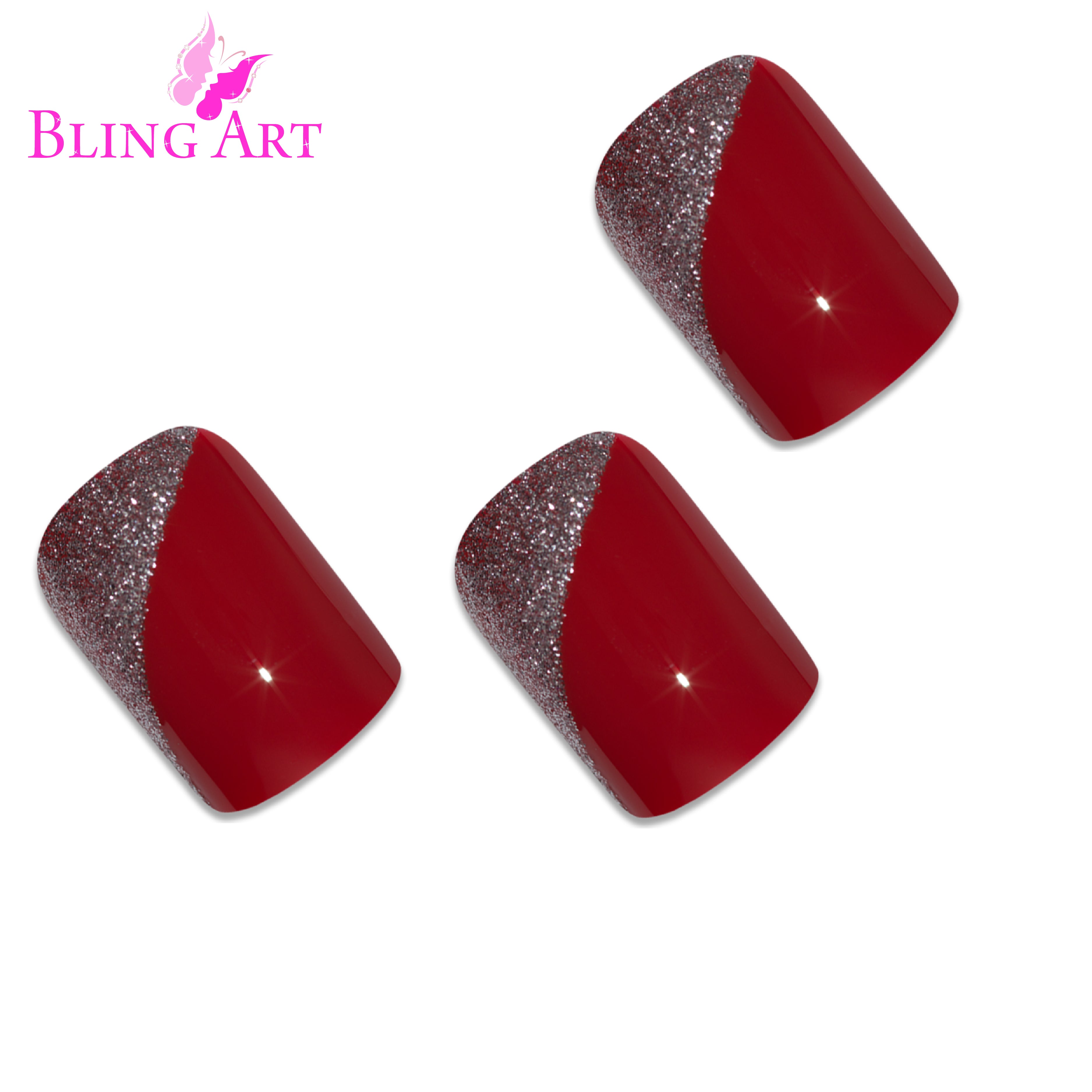 Red glitter French squoval Bling Art press-on nails — lifestyle context shot showing the bold crimson sparkle French.