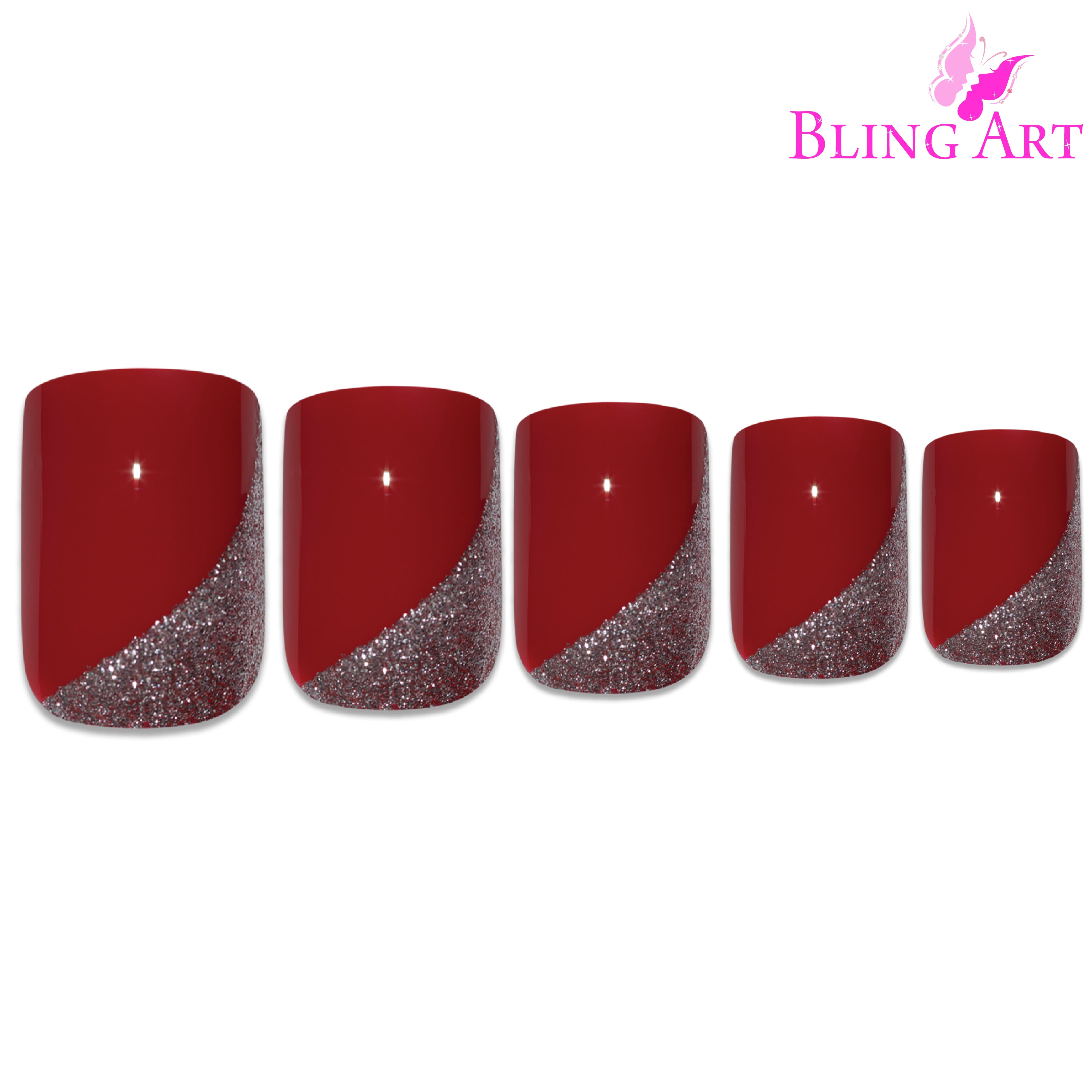 Red glitter French squoval Bling Art press-on nails — alternative angle revealing the glitter and French tip on the squoval shape.