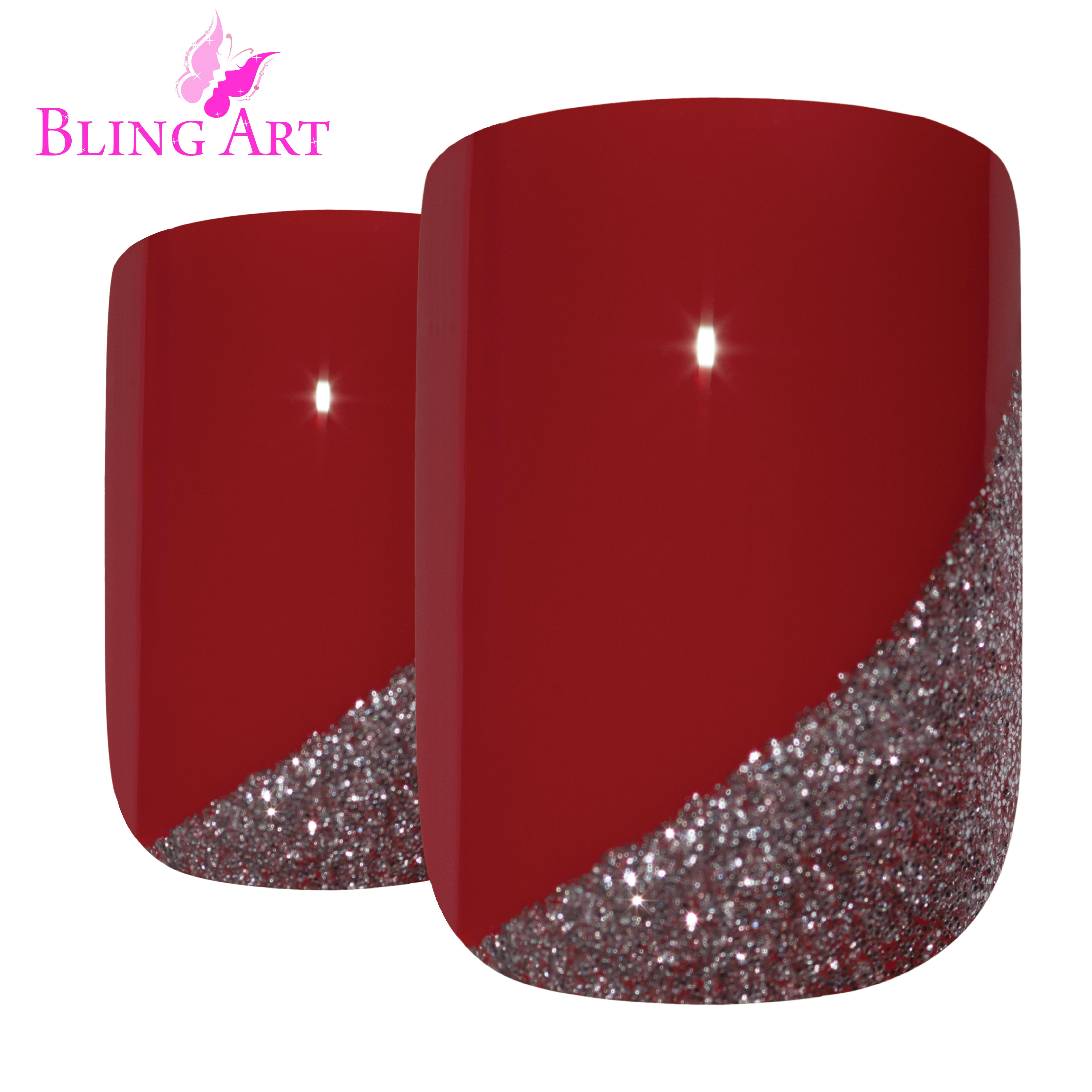 Red glitter French squoval Bling Art press-on nails — worn-hand close-up showing the crimson sparkle French on squoval tips.