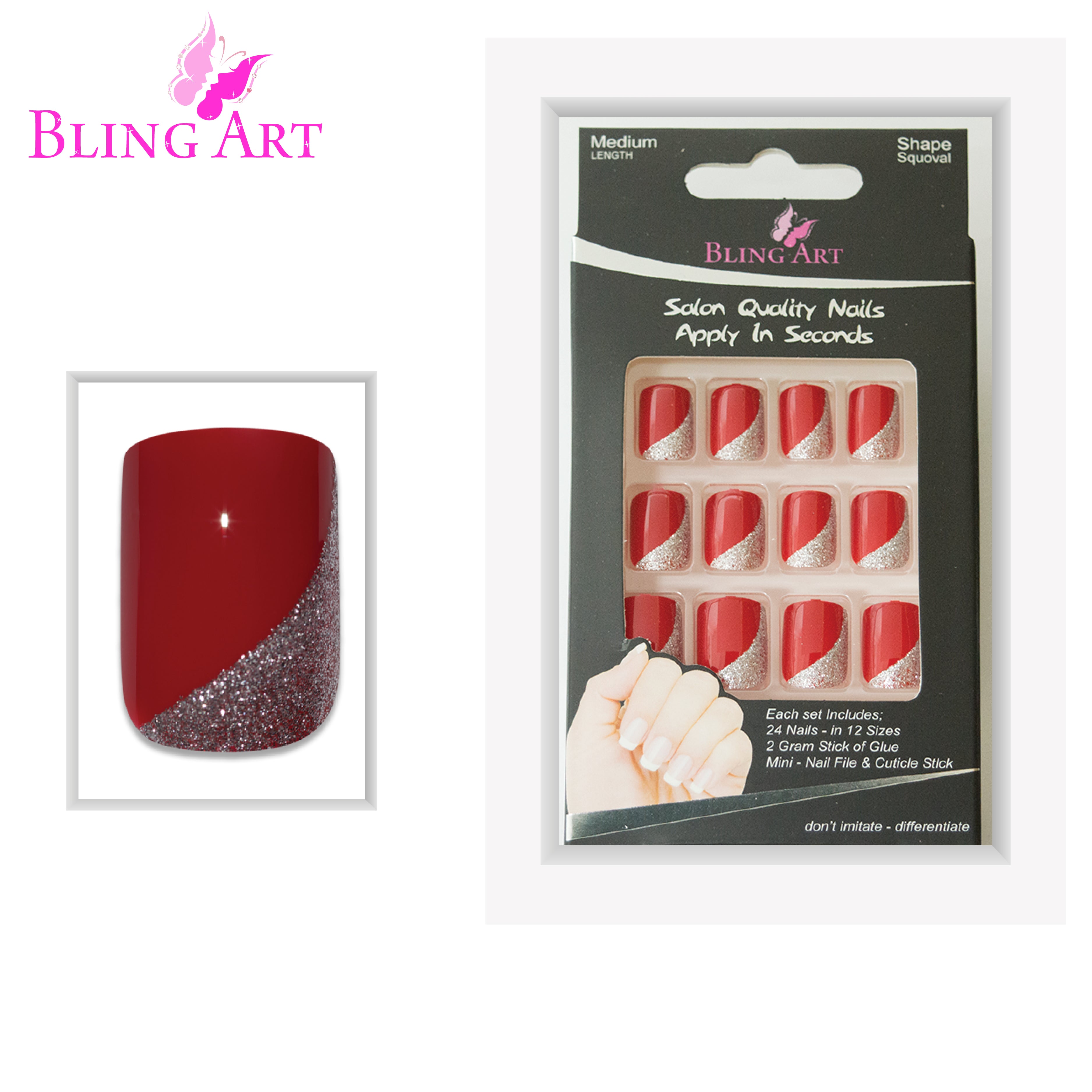 Red glitter French squoval Bling Art press-on nails — full-hand reveal showing all 24 nails for evenings, date nights and parties.