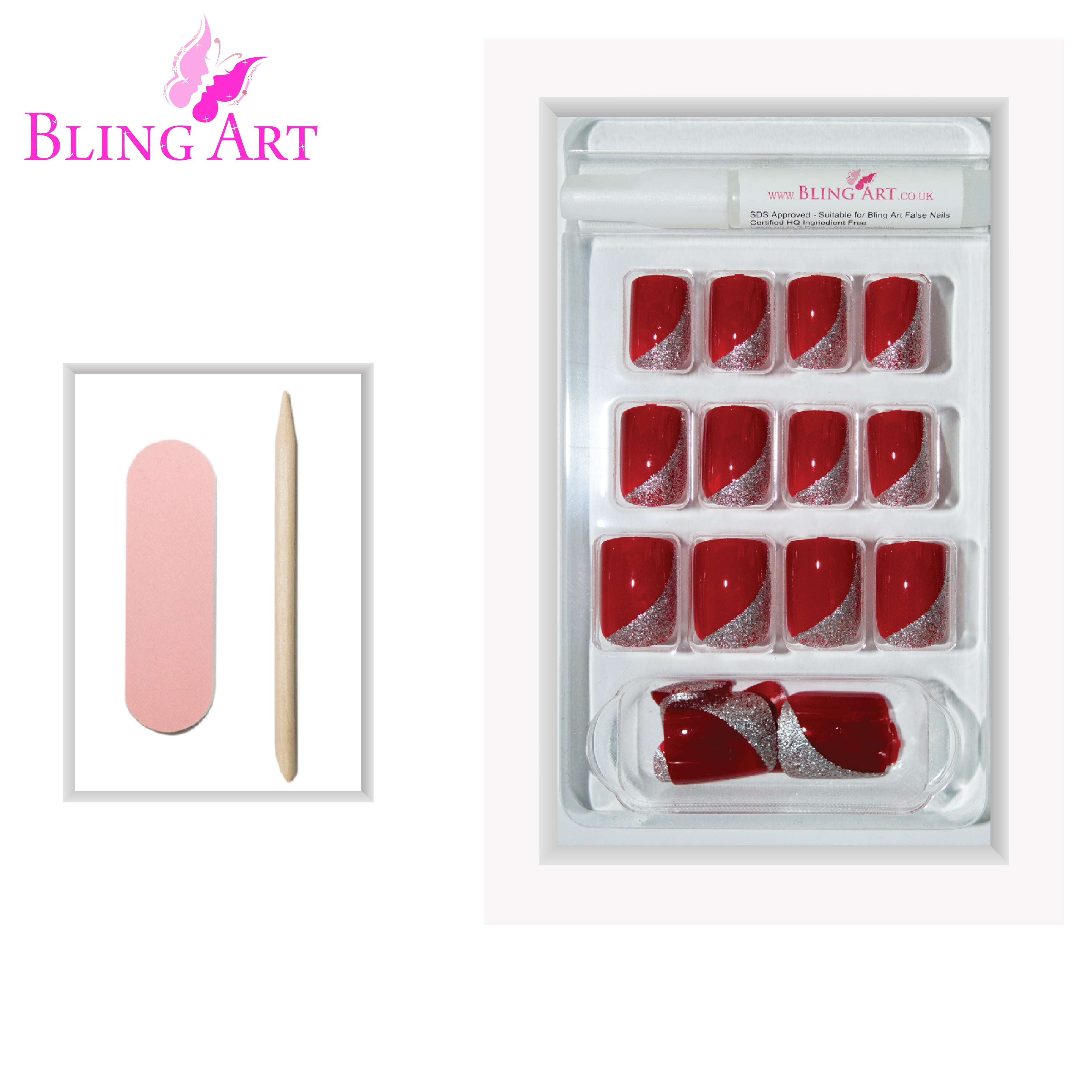 Bling Art Red glitter French squoval press-on nail set packaging — 24 nails, 12 sizes XS-XXL, file and cuticle stick included. Glue not included.