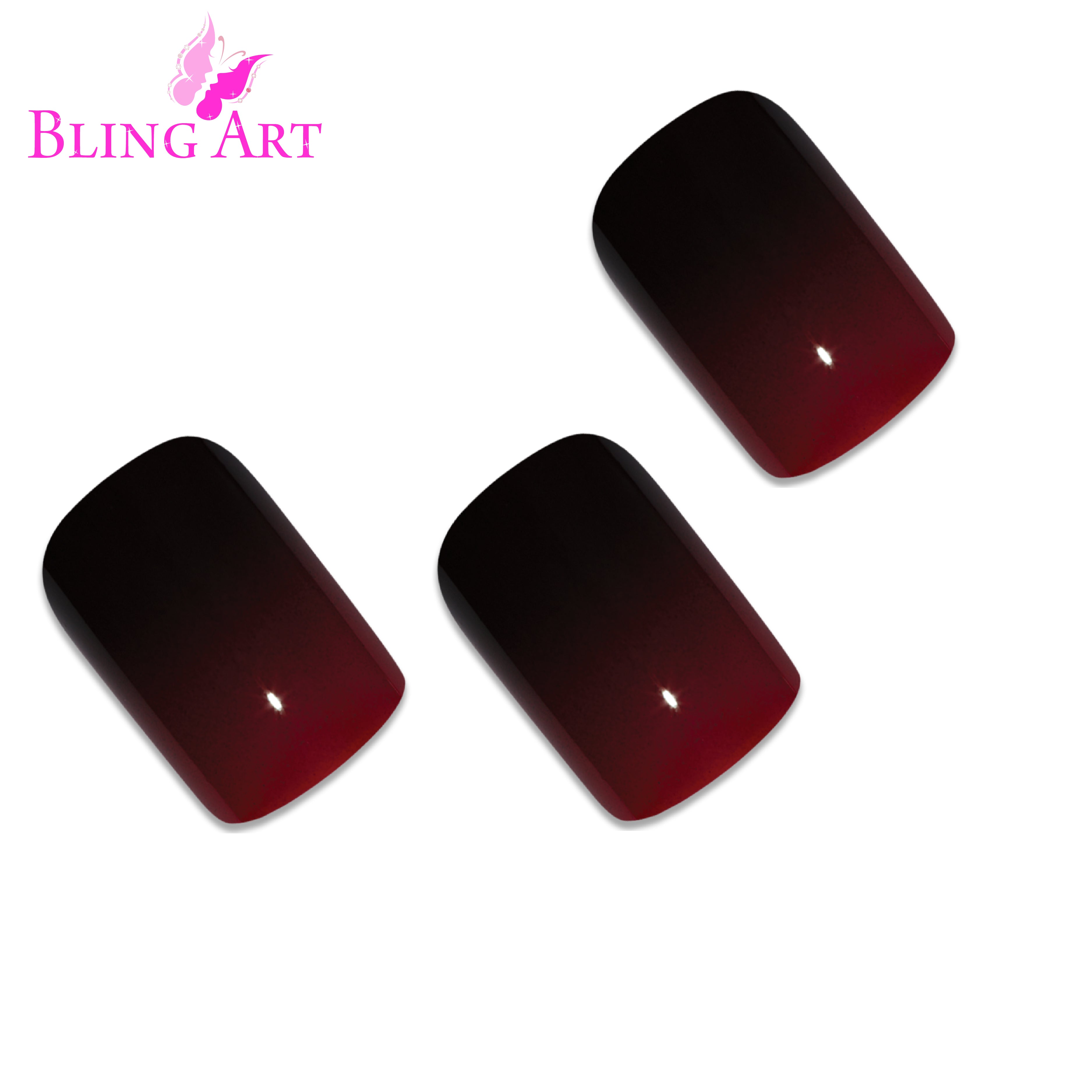 Red Black French squoval Bling Art press-on nails — alternative angle revealing the two-tone French tip definition.