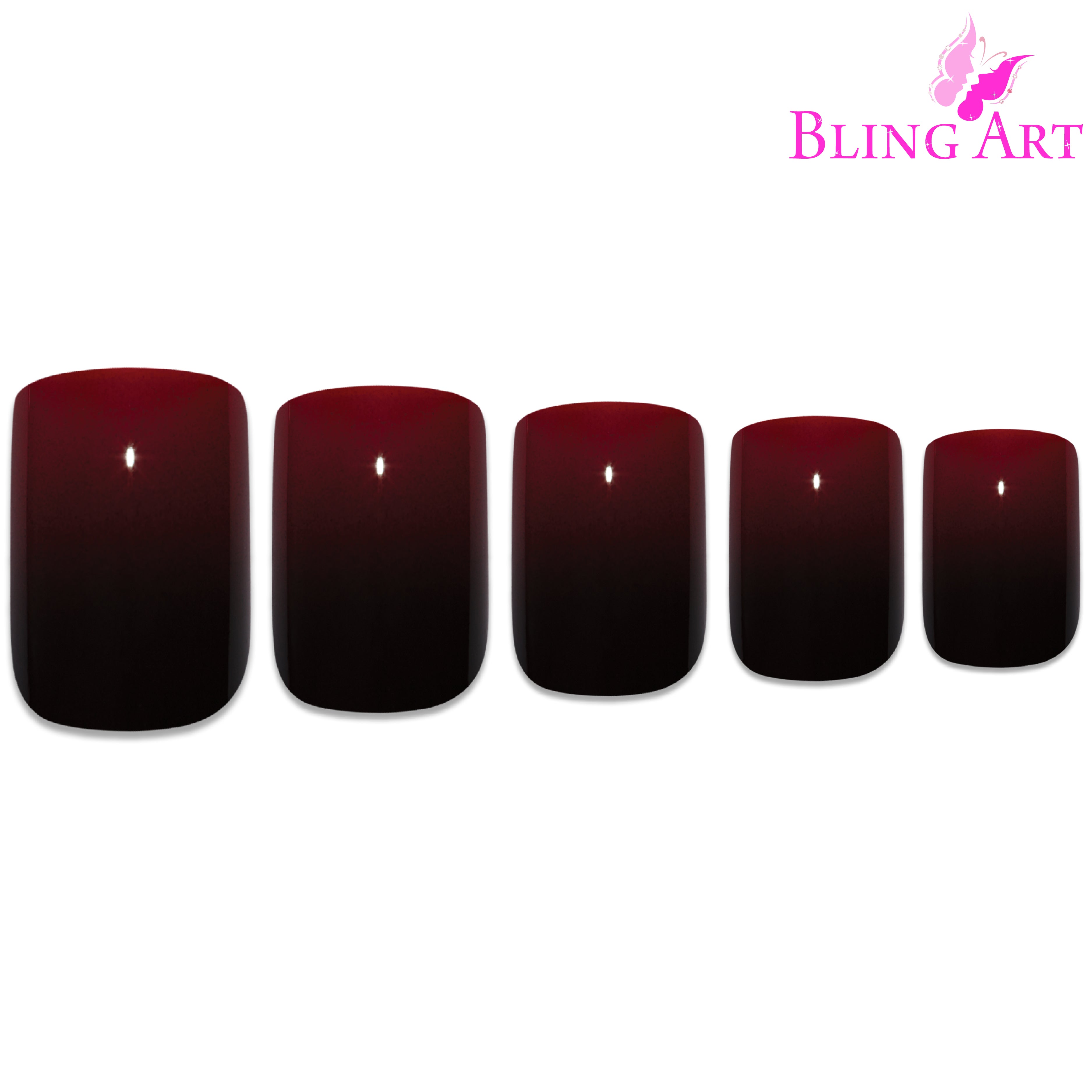 Red Black French squoval Bling Art press-on nails — full-hand reveal showing all 24 nails for parties and date nights.