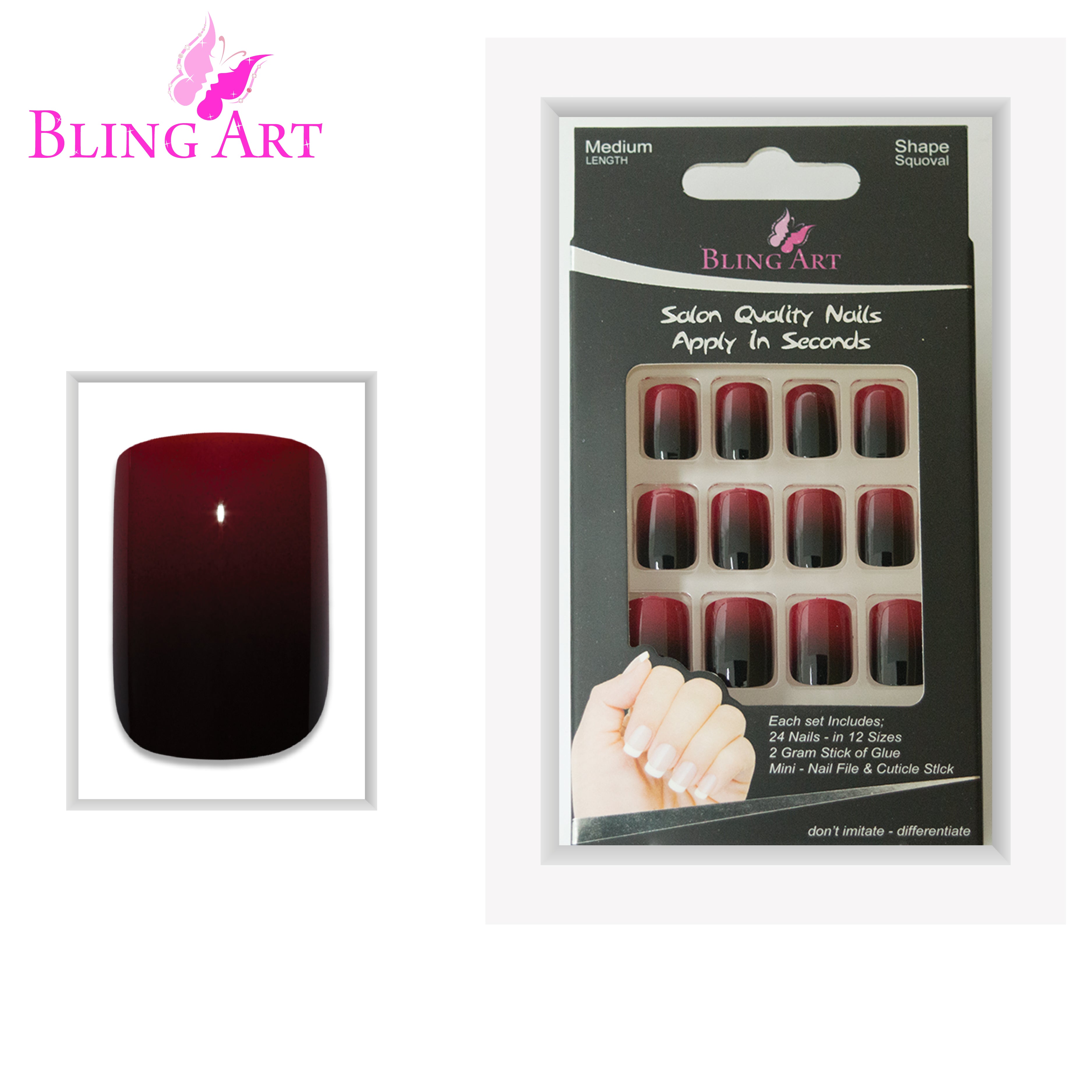 Red Black French squoval Bling Art press-on nails — lifestyle context shot showing the rock-romantic two-tone French.