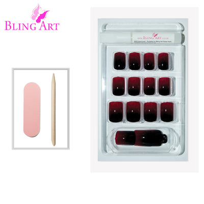 Red Black French squoval press-on false nails by Bling Art — two-tone crimson and jet-black French on office-friendly squoval shape for parties and date nights. 24 nails, 12 sizes XS-XXL, no UV lamp. Designed in Yorkshire UK.