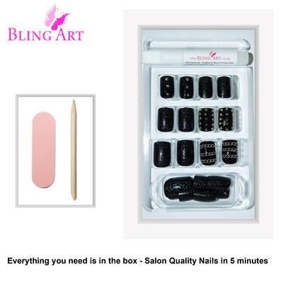 Black Punk French squoval Bling Art press-on nails — worn-hand close-up showing the edgy black punk-style French tip on squoval tips.