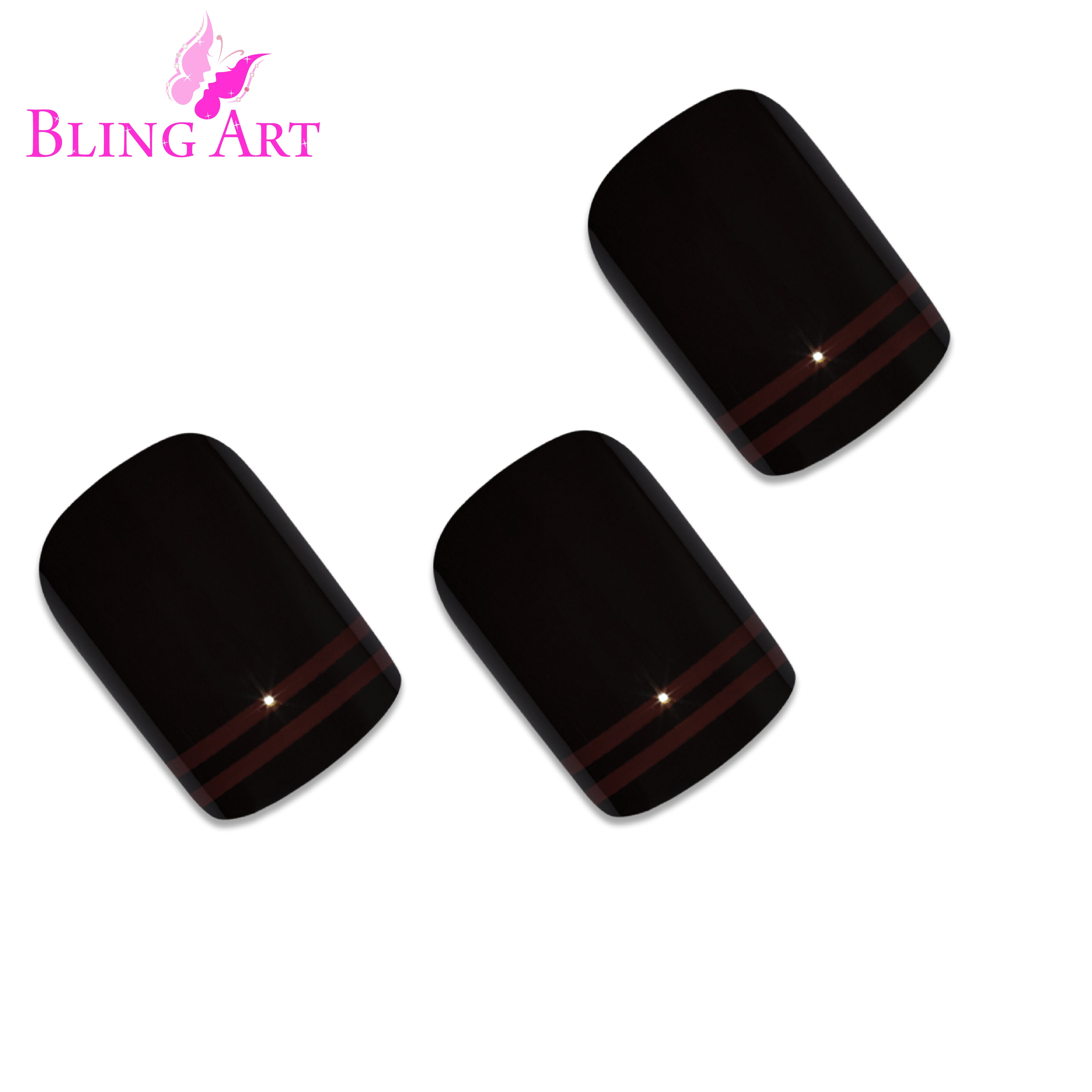 Black Red glossy French squoval Bling Art press-on nails — worn-hand close-up showing the two-tone French tip on squoval tips.