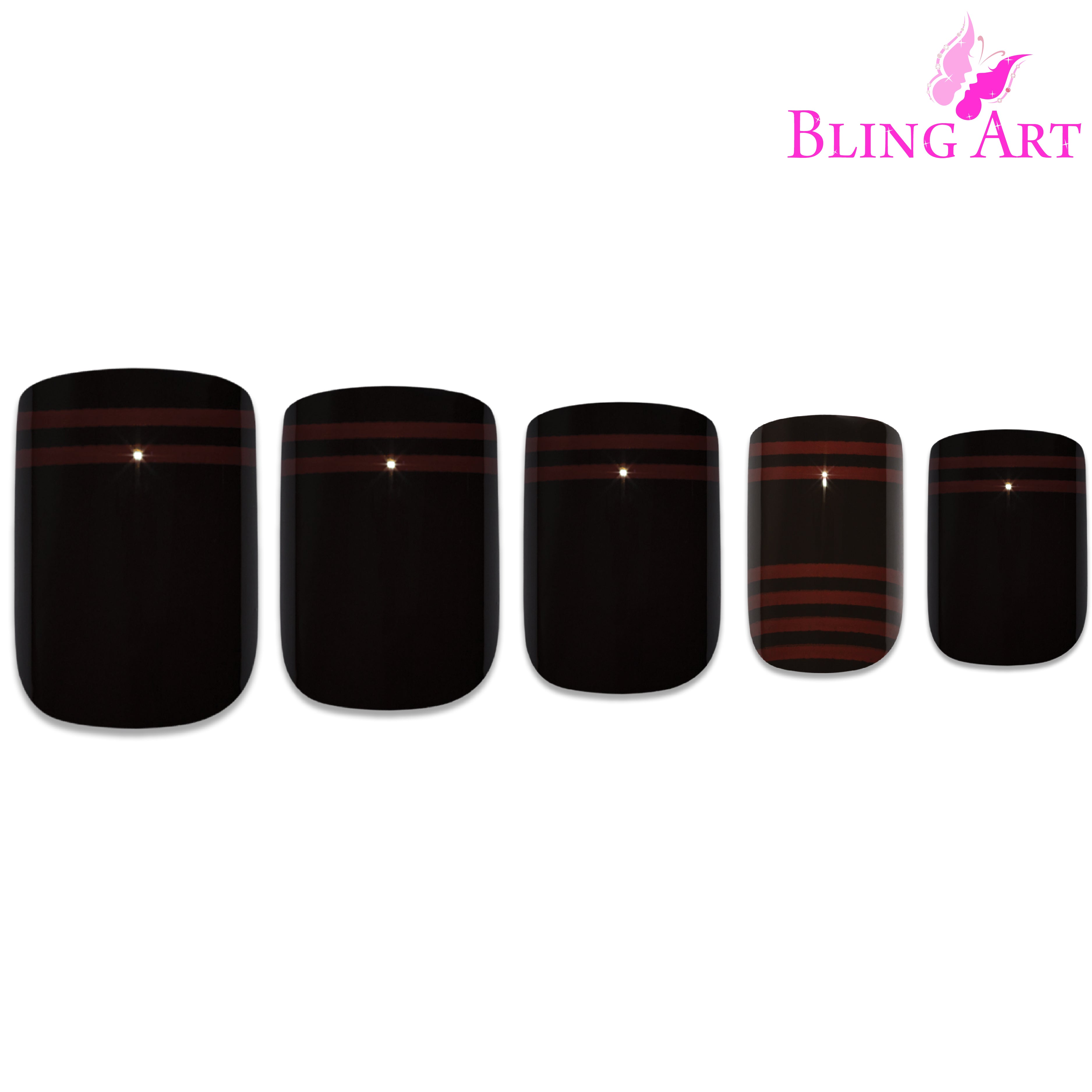Black Red glossy French squoval Bling Art press-on nails — alternative angle revealing the two-tone French tip on the squoval shape.