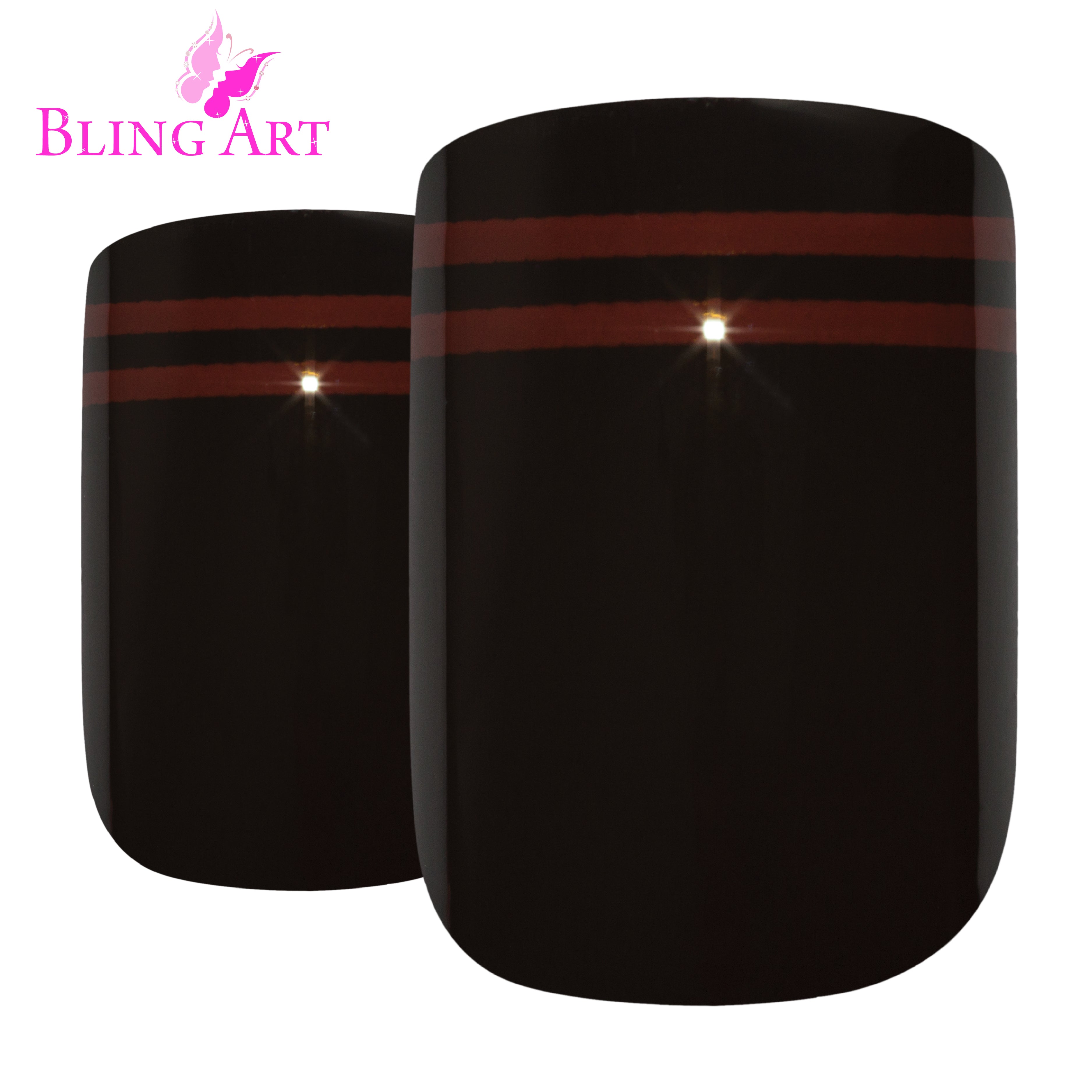 Bling Art Black Red glossy French squoval press-on nail set packaging — 24 nails, 12 sizes XS-XXL, file and cuticle stick included. Glue not included.