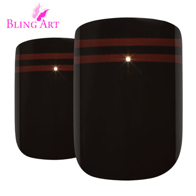 Glossy black and red French squoval press-on false nails by Bling Art — rock-romantic two-tone statement for parties and statement evenings · high-shine glossy finish with French tip · medium-length squoval tips · 24 nails per set with adhesive · designed in Yorkshire