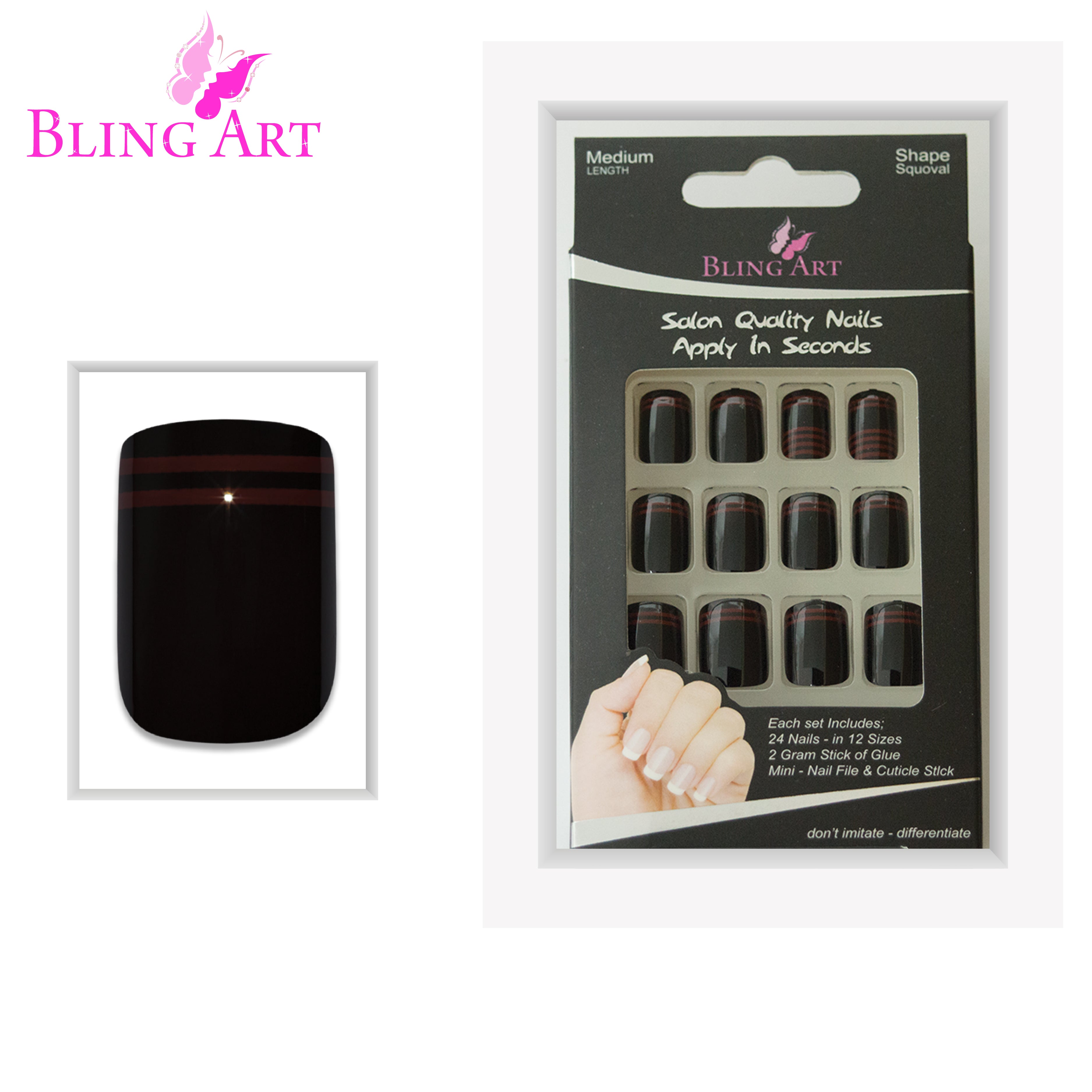 Black Red glossy French squoval Bling Art press-on nails — full-hand reveal showing all 24 nails for parties and statement evenings.
