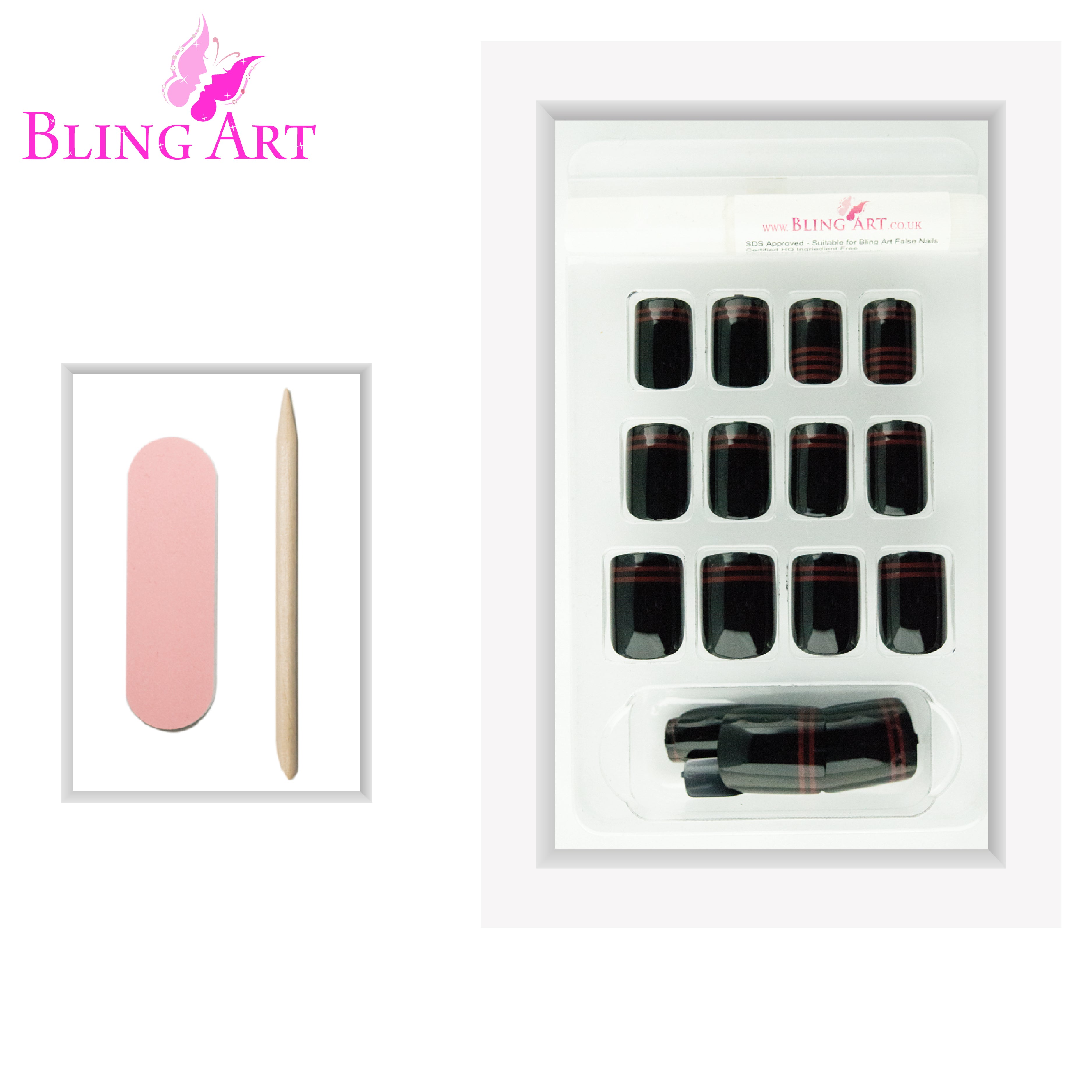 Black Red glossy French squoval Bling Art press-on nails — lifestyle context shot showing the rock-romantic two-tone French.