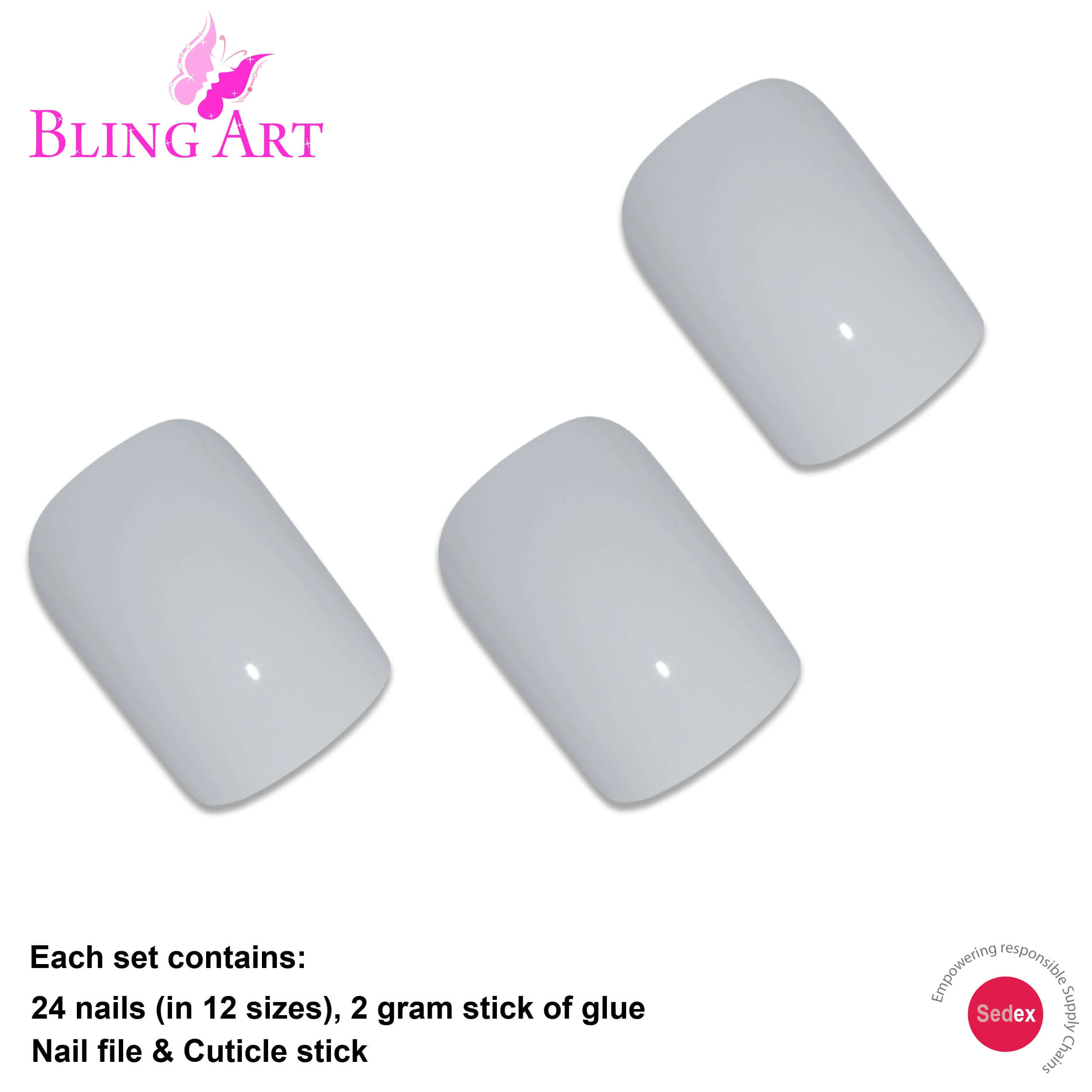 False Nails by Bling Art White Pearl Polished French Manicure Fake Medium Tips with Glue