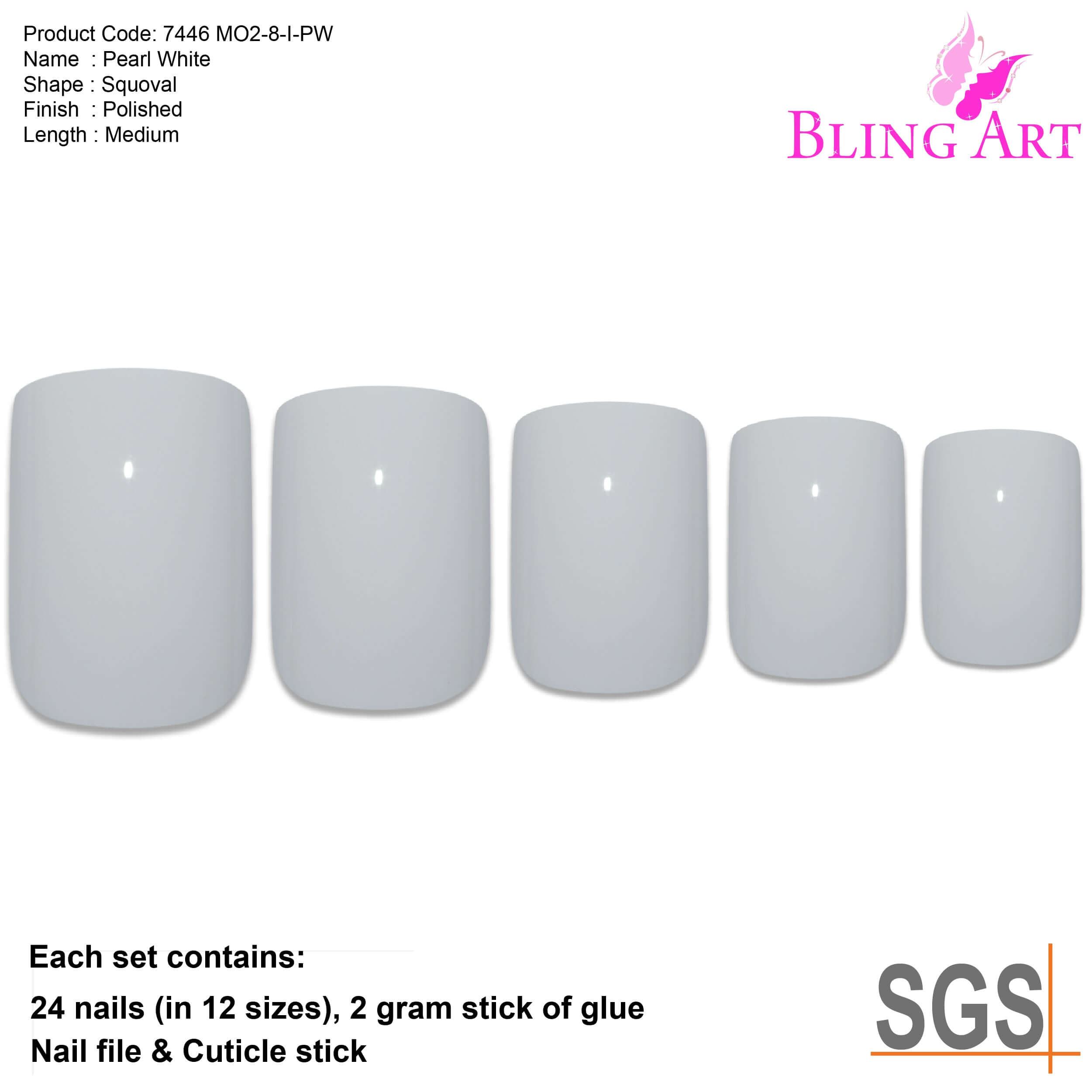 False Nails by Bling Art White Pearl Polished French Manicure Fake Medium Tips with Glue