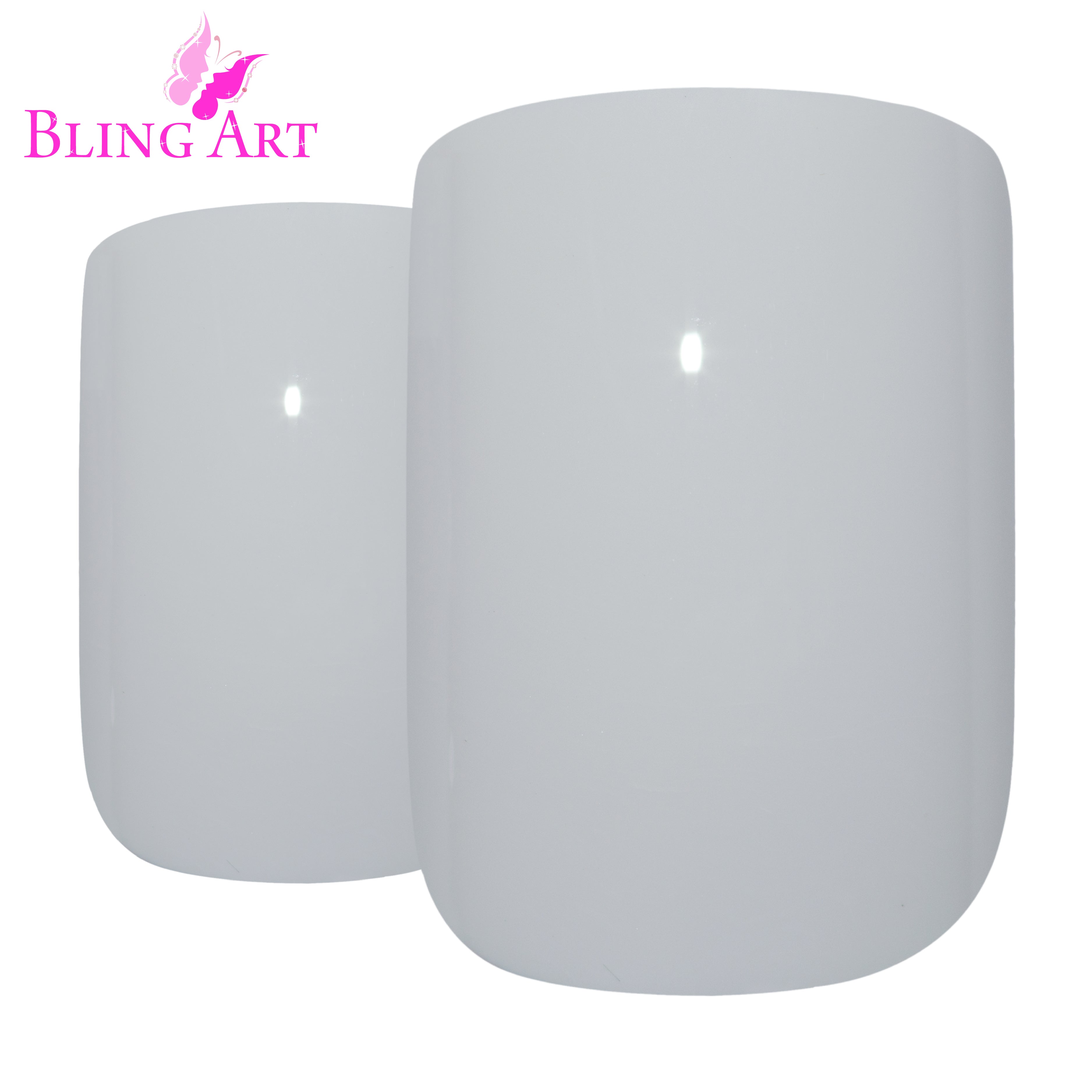 Bling Art White polished French squoval press-on nail set packaging — 24 nails, 12 sizes XS-XXL, file and cuticle stick included. Glue not included.