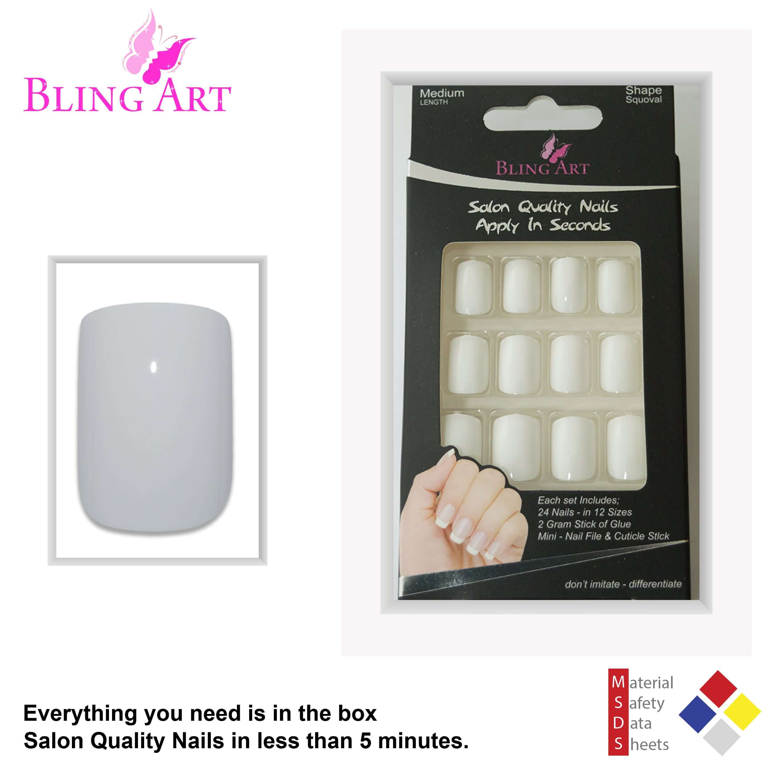 False Nails by Bling Art White Pearl Polished French Manicure Fake Medium Tips with Glue