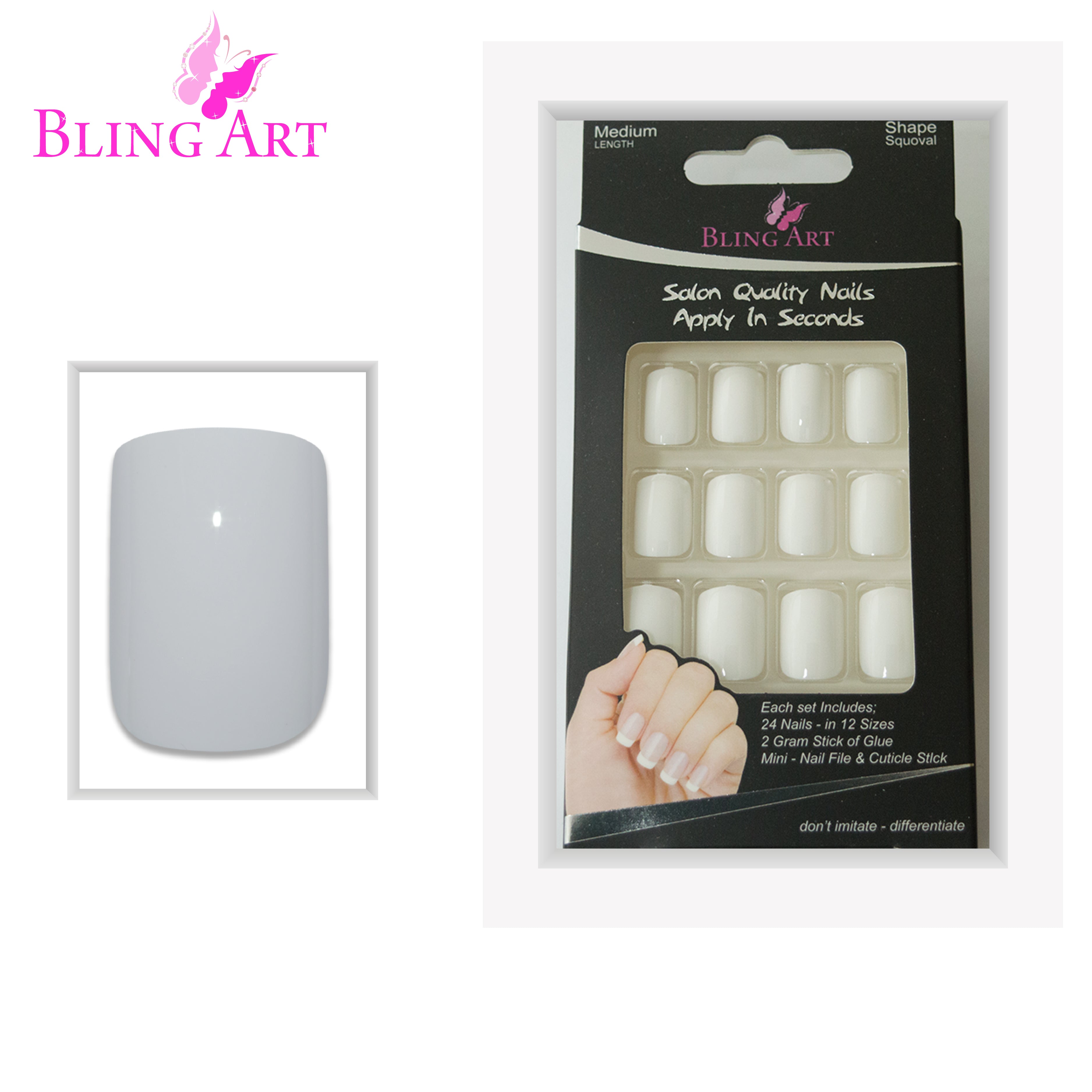 White polished French squoval Bling Art press-on nails — lifestyle context shot showing the bridal-and-office white French finish.