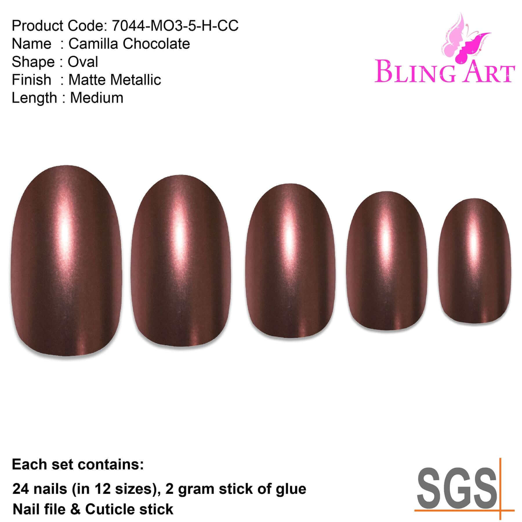 False Nails by Bling Art Brown Matte Metallic Oval Medium Fake Acrylic Tips Glue