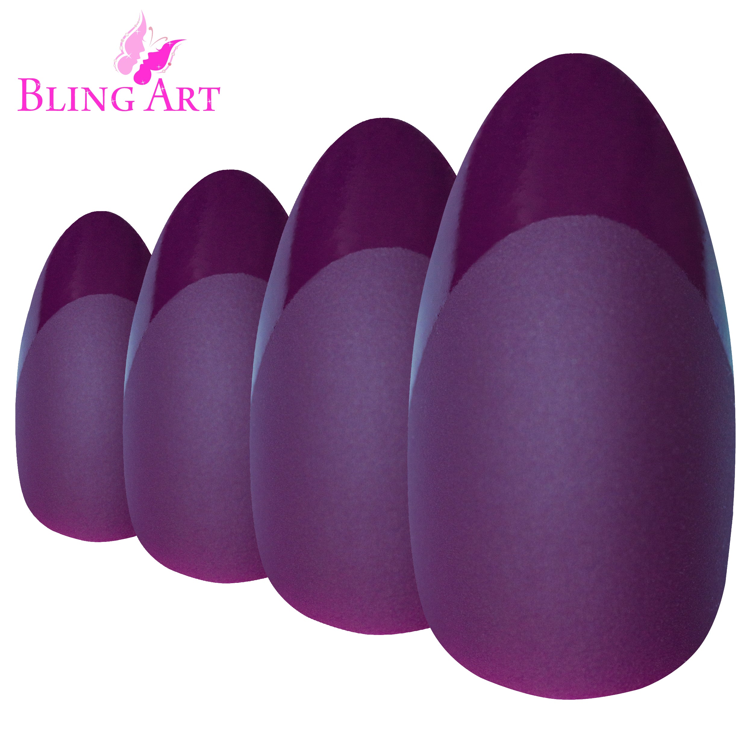 Purple matte almond stiletto Bling Art press-on nails — worn-hand close-up showing the aubergine velvet matte on long pointed almond stiletto tips.