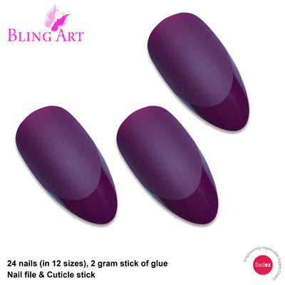 Purple matte almond stiletto long press-on false nails by Bling Art — rich aubergine velvet matte for jewel-tone evening wear and special occasions. 24 nails, 12 sizes XS-XXL, no UV lamp. Designed in Yorkshire UK. Almond = Stiletto (same shape).