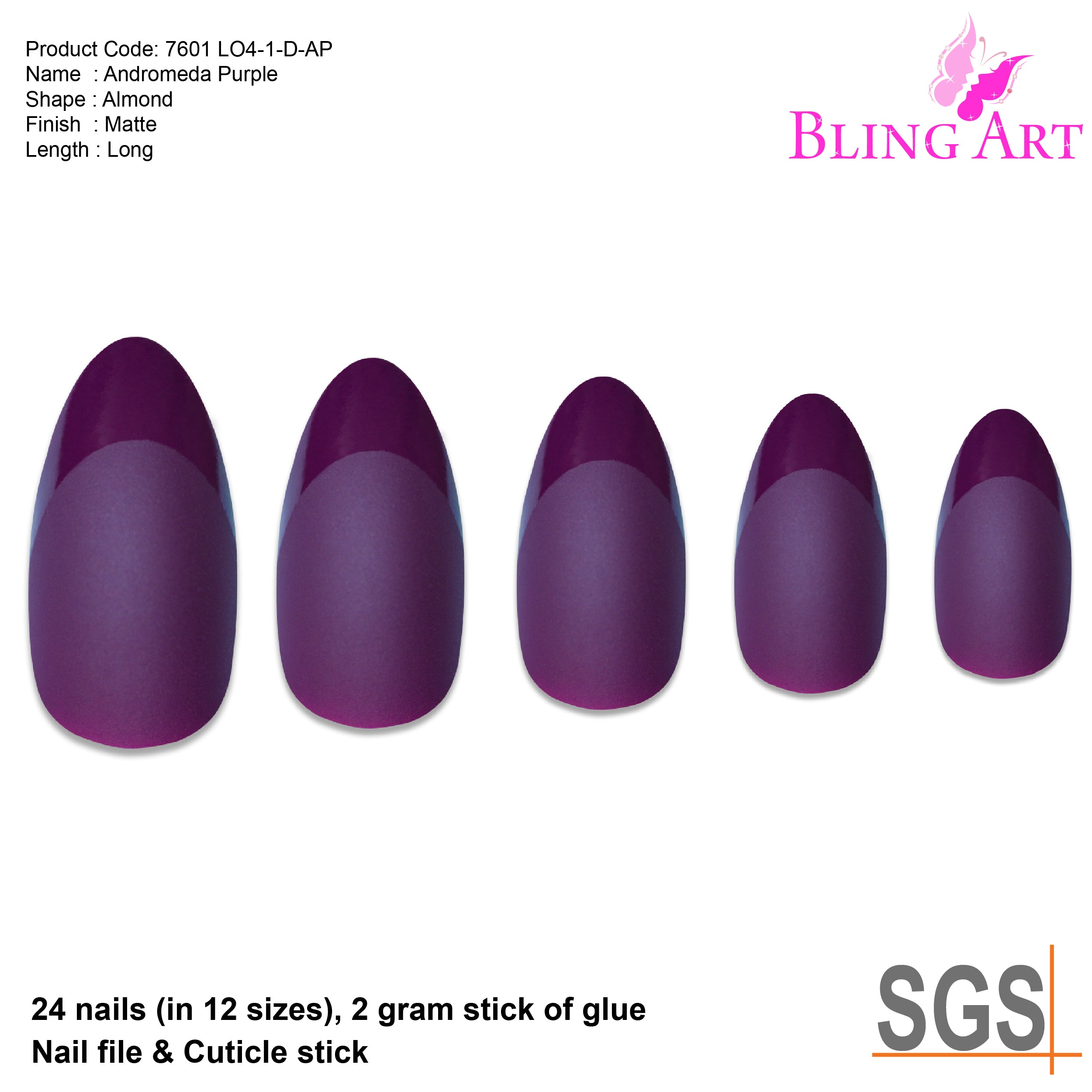 Purple matte almond stiletto Bling Art press-on nails — lifestyle context shot showing the jewel-tone aubergine matte finish.