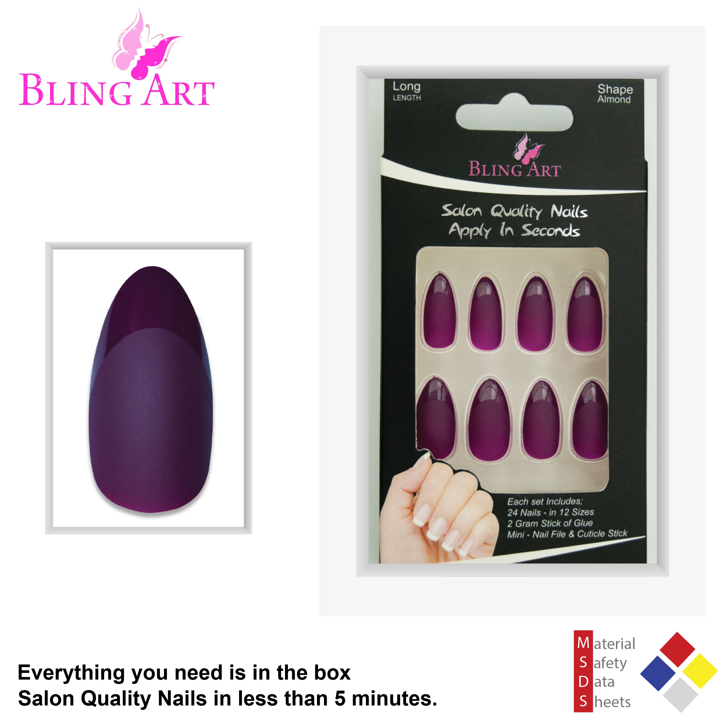 Purple matte almond stiletto Bling Art press-on nails — full-hand reveal showing all 24 nails for evening wear and special occasions.