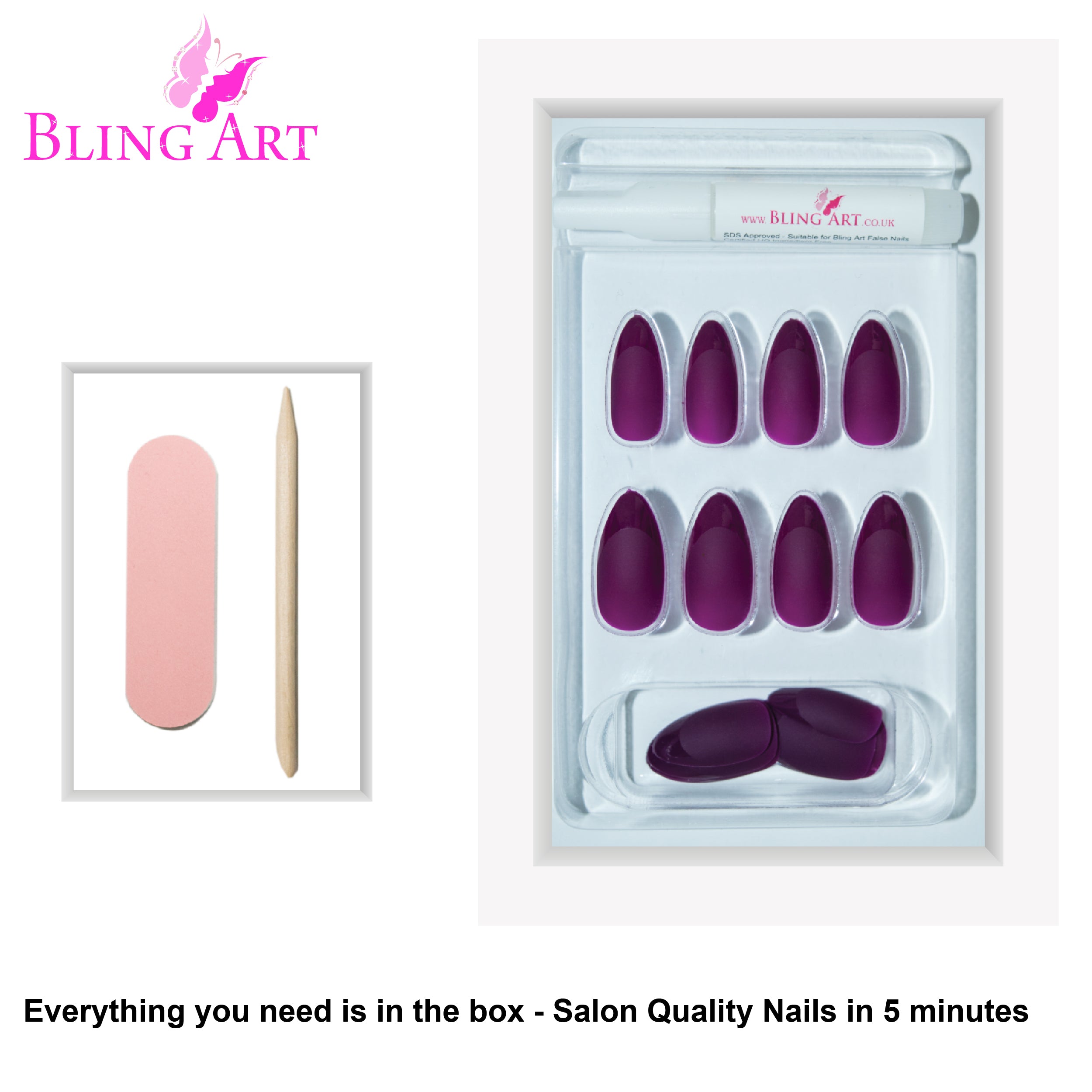 Purple matte almond stiletto Bling Art press-on nails — alternative angle revealing the bond line on the long almond stiletto shape.