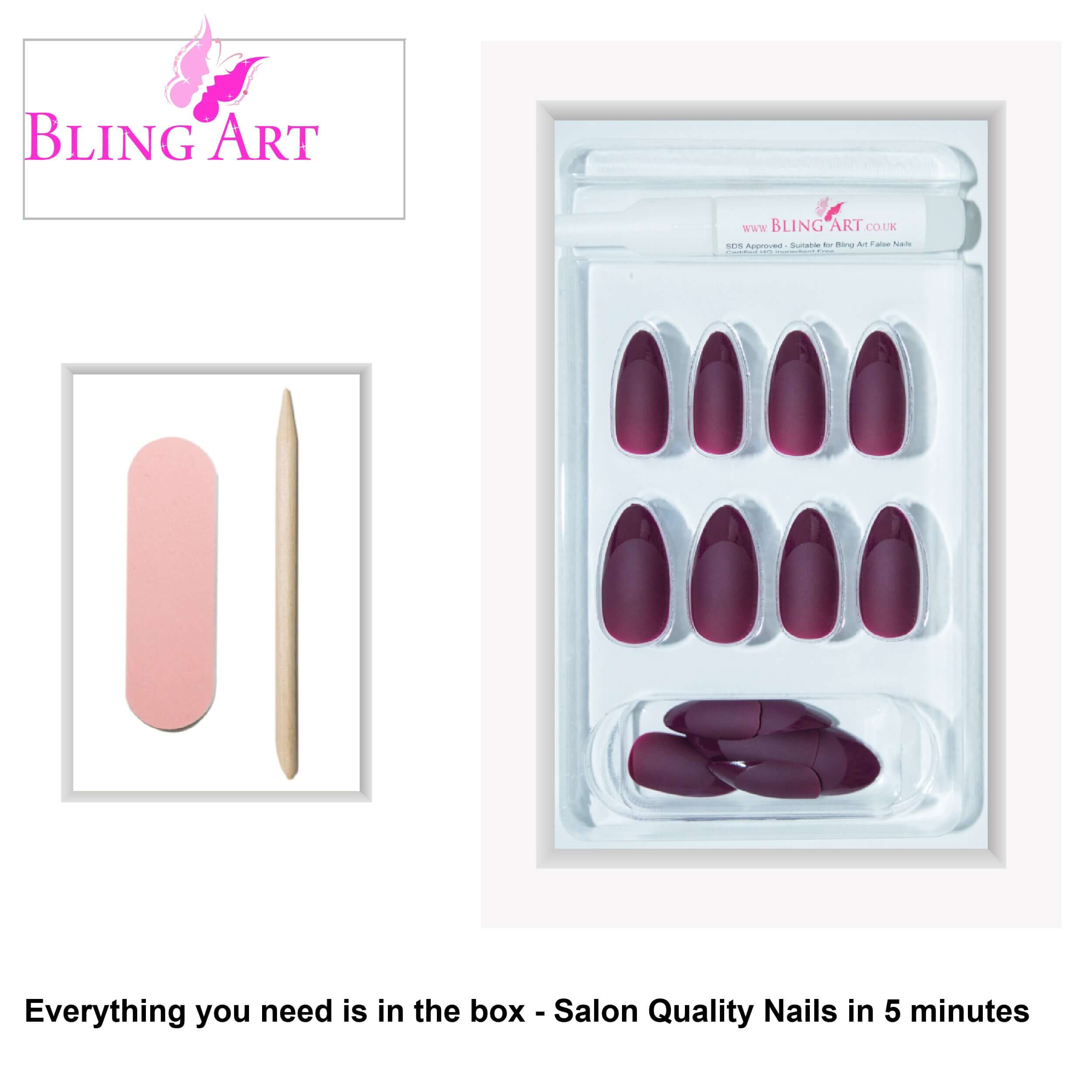 False Nails Bling Art Matte Red Brown Almond Stiletto Long Fake Acrylic Tips and Glue