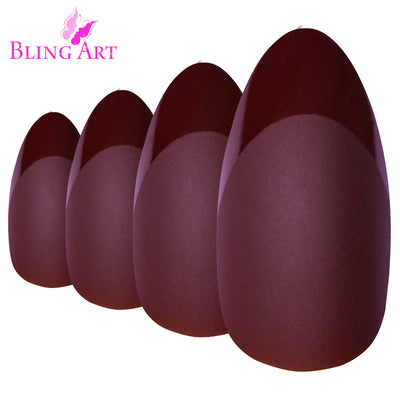 Brown matte almond stiletto long press-on false nails by Bling Art — rich chocolate-brown velvet matte for earthy autumnal elegance in seasonal and everyday wear. 24 nails, 12 sizes XS-XXL, no UV lamp. Designed in Yorkshire UK. Almond = Stiletto (same shape).