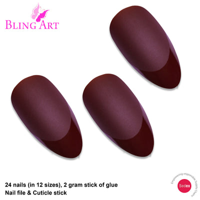 Brown matte almond stiletto long press-on false nails by Bling Art — rich chocolate-brown velvet matte for earthy autumnal elegance in seasonal and everyday wear. 24 nails, 12 sizes XS-XXL, no UV lamp. Designed in Yorkshire UK. Almond = Stiletto (same shape).