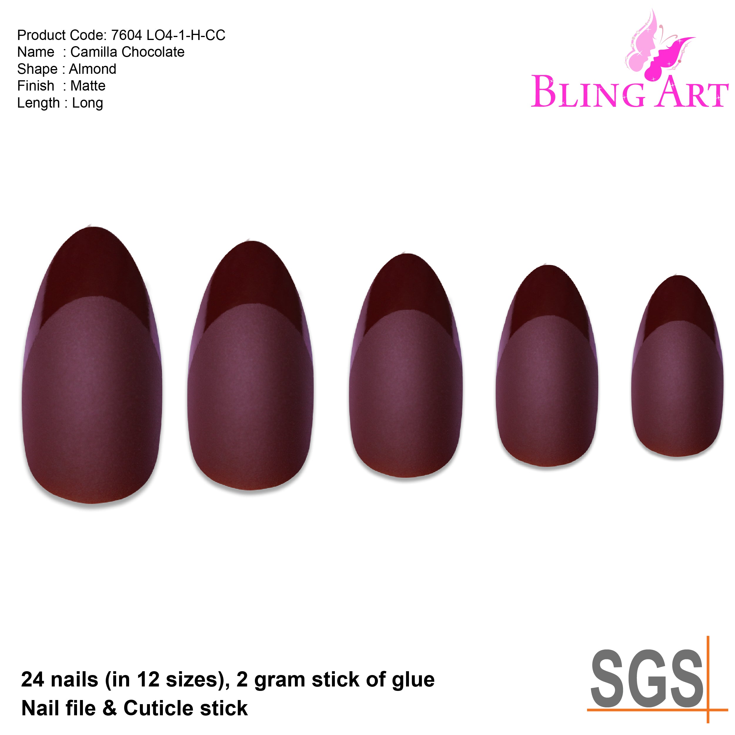 Brown matte almond stiletto Bling Art press-on nails — worn-hand close-up showing the chocolate-brown velvet matte on long pointed almond stiletto tips.