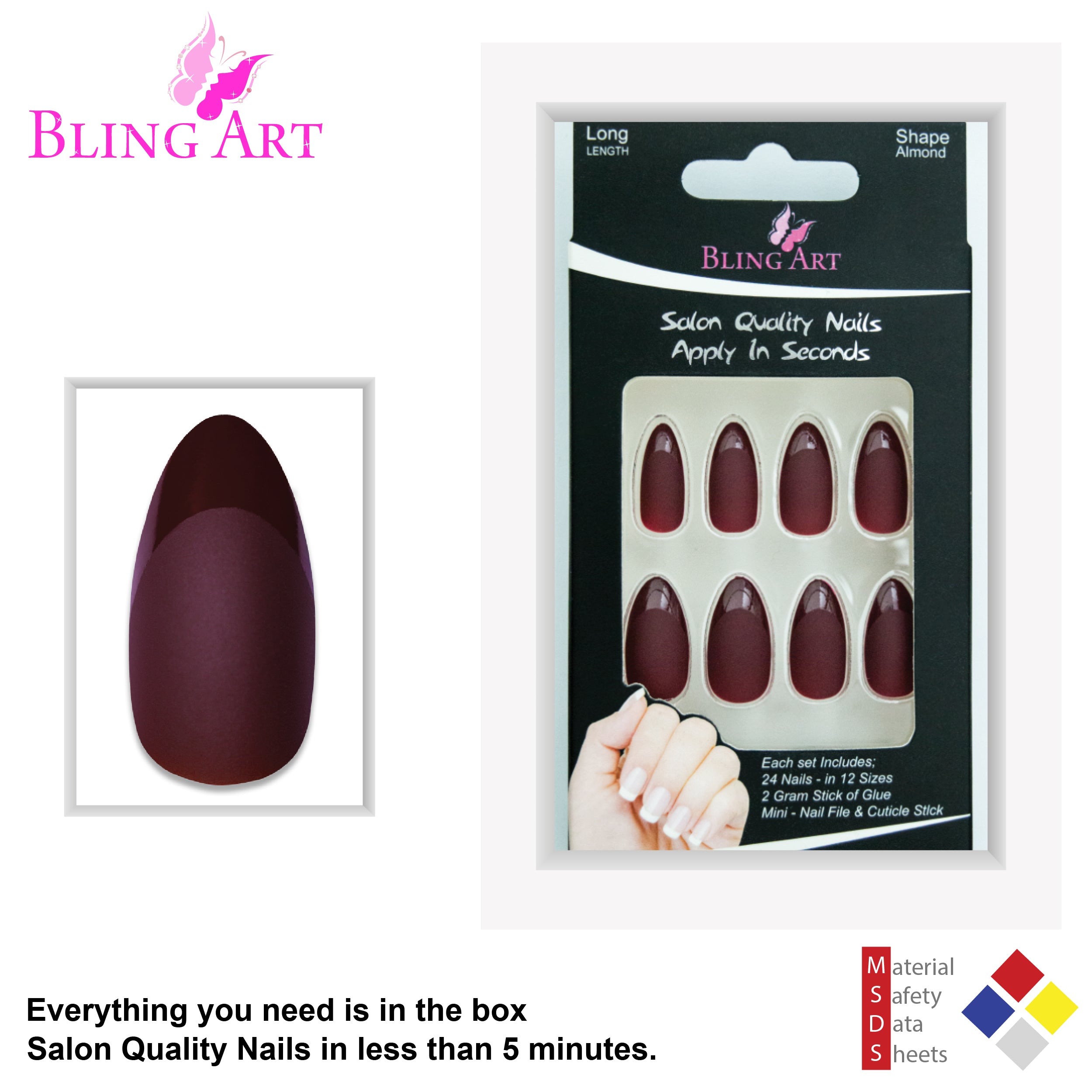 Brown matte almond stiletto Bling Art press-on nails — alternative angle revealing the bond line on the long almond stiletto shape.