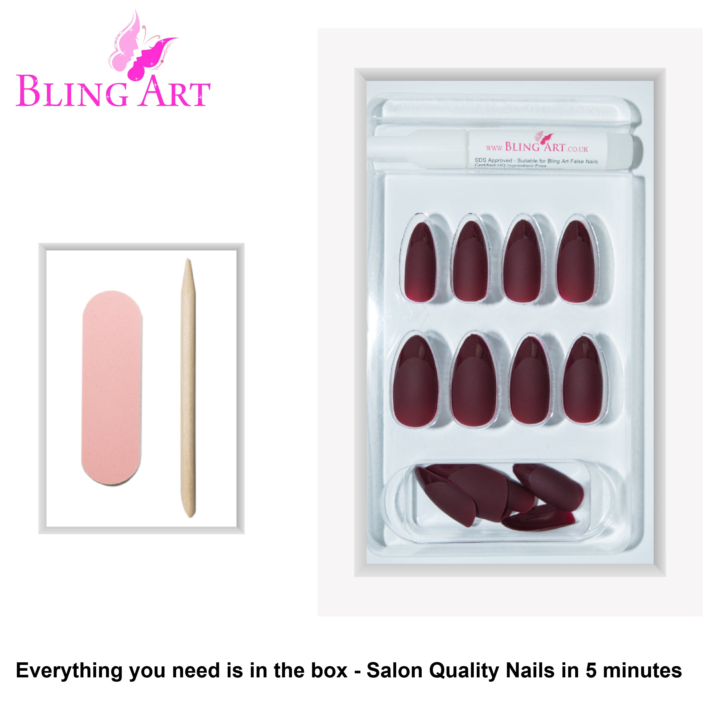 Brown matte almond stiletto Bling Art press-on nails — lifestyle context shot showing the earthy chocolate-brown matte finish.