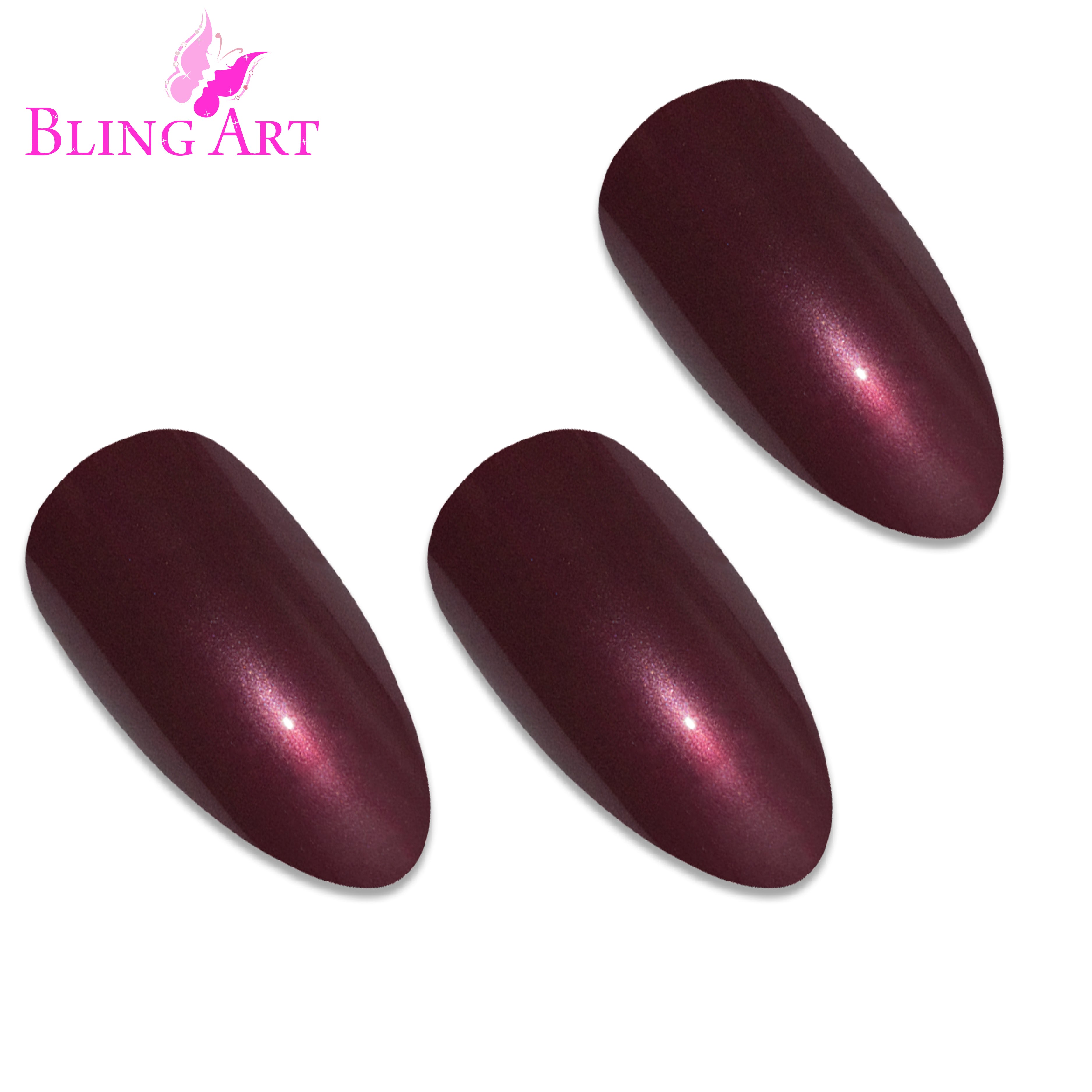 Red Brown almond stiletto Bling Art press-on nails — worn-hand close-up showing the chestnut red-brown on long pointed almond stiletto tips. Almond = Stiletto (same shape).