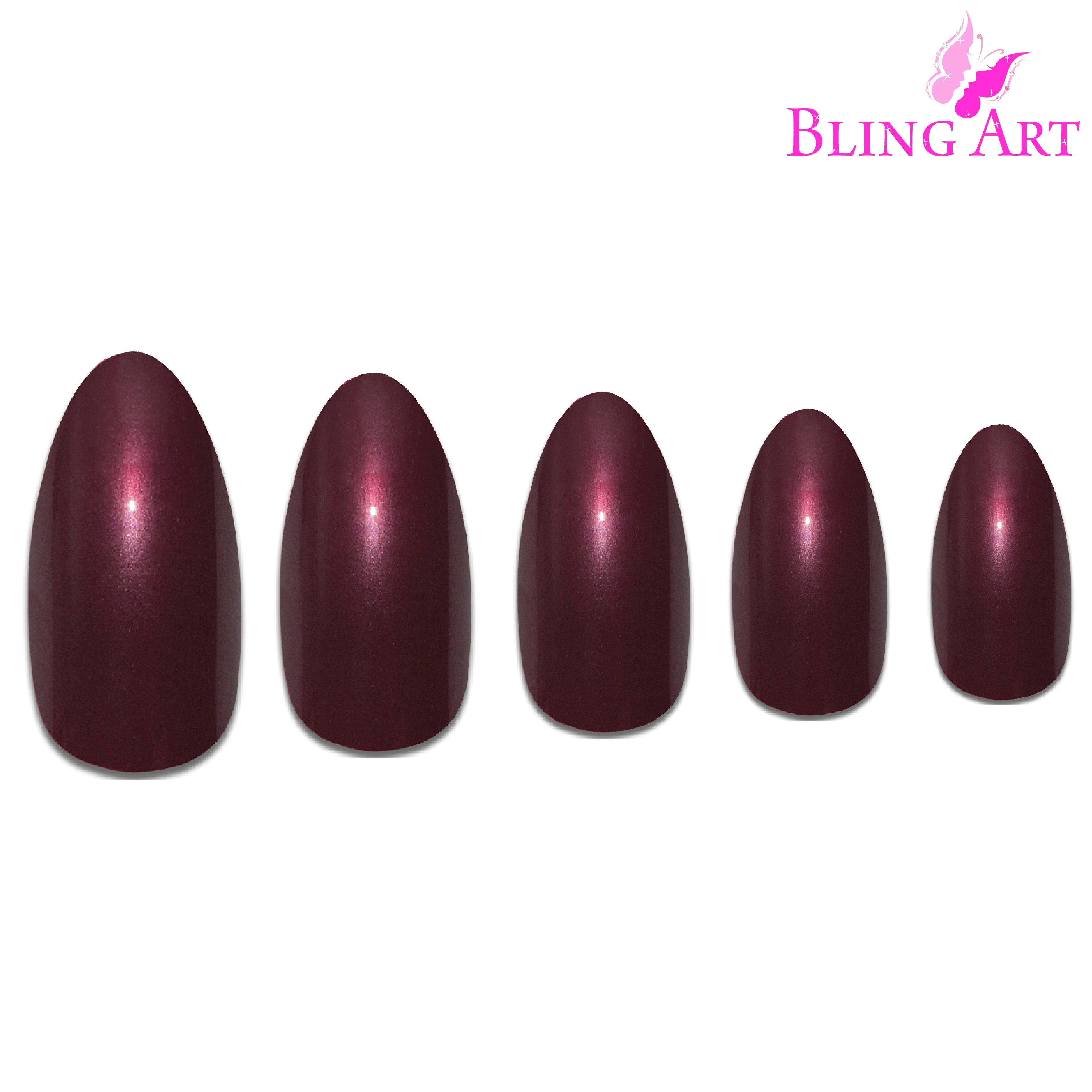 Red Brown almond stiletto Bling Art press-on nails — alternative angle revealing the bond line on the long almond stiletto shape.
