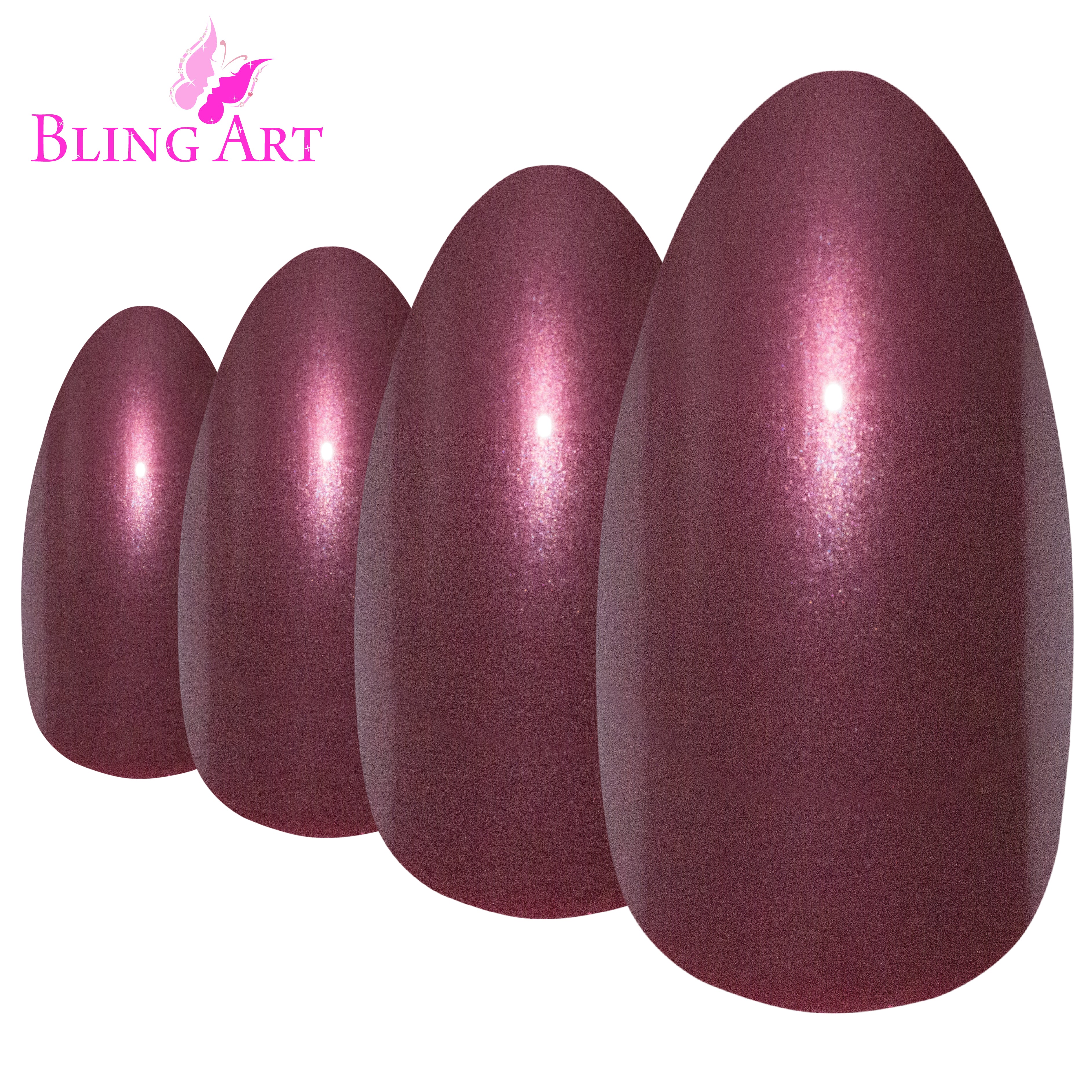 Bling Art Red Brown almond stiletto press-on nail set packaging — 24 nails, 12 sizes XS-XXL, file and cuticle stick included. Glue not included.