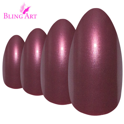 Warm chestnut red-brown almond stiletto coffin long press-on false nails by Bling Art — autumnal bold-length statement for seasonal events and elegant evenings · high-shine finish · long almond stiletto coffin tips · 24 nails per set with adhesive · designed in Yorkshire