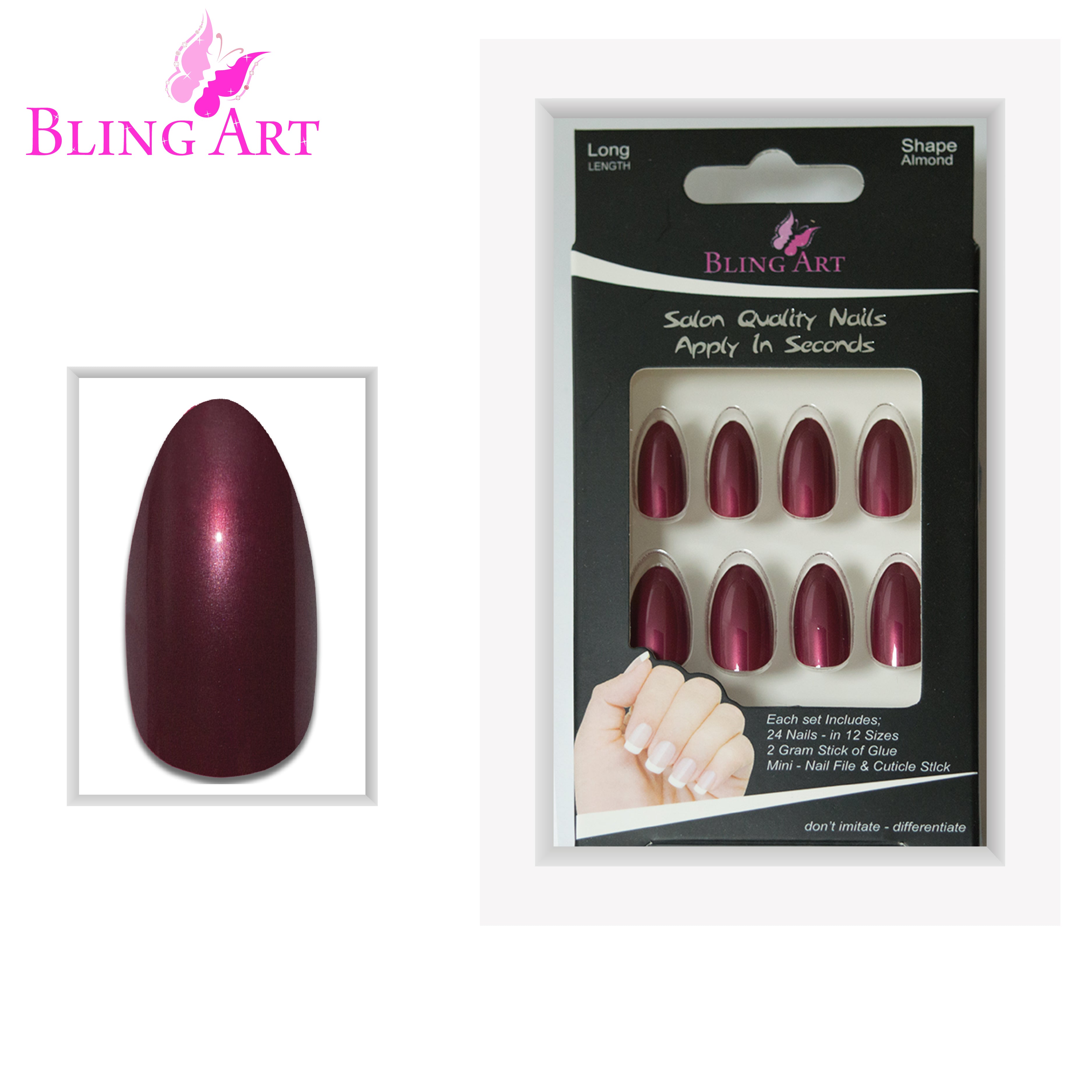 Red Brown almond stiletto Bling Art press-on nails — full-hand reveal showing all 24 nails for autumnal seasonal events.