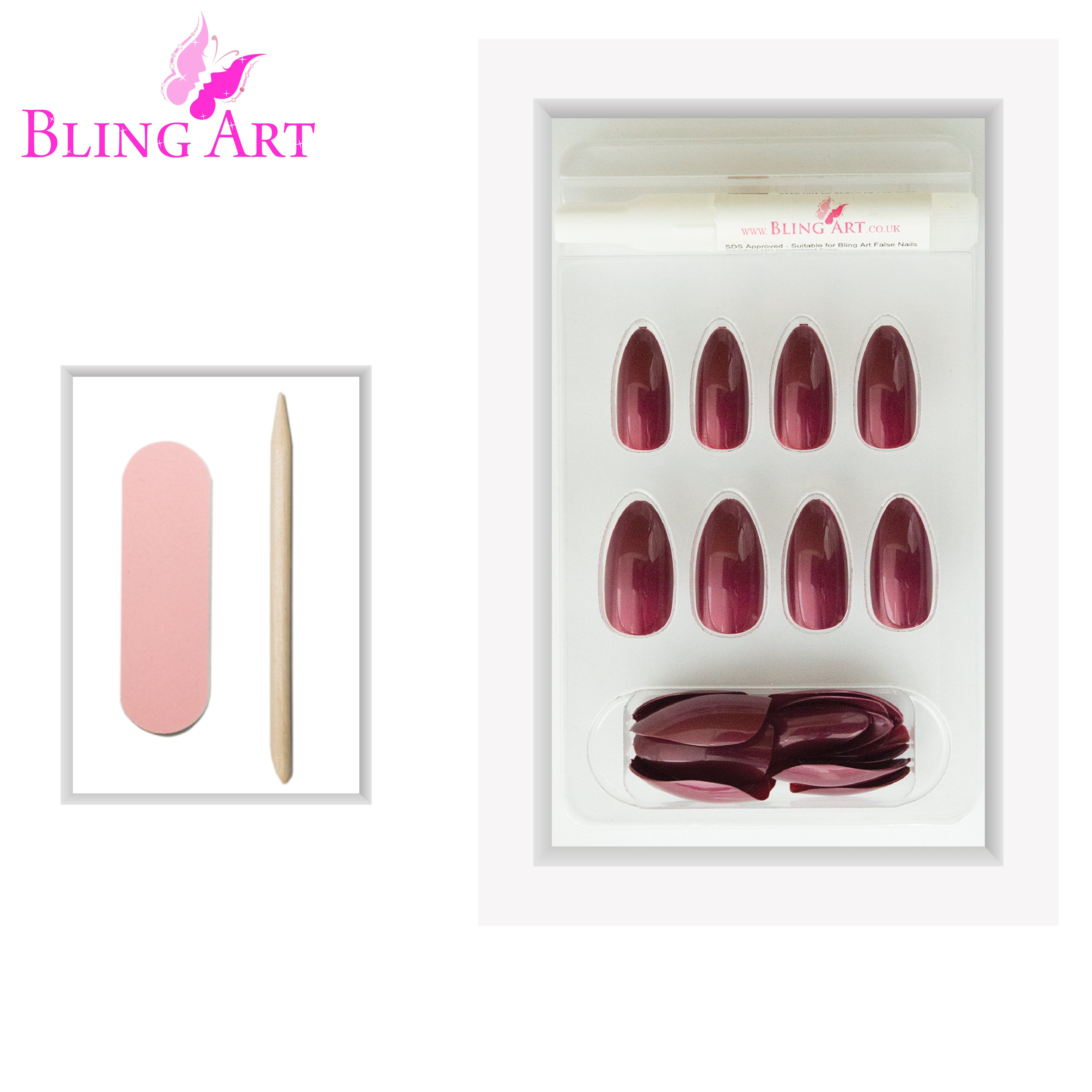 Red Brown almond stiletto Bling Art press-on nails — lifestyle context shot showing the warm chestnut autumnal finish.