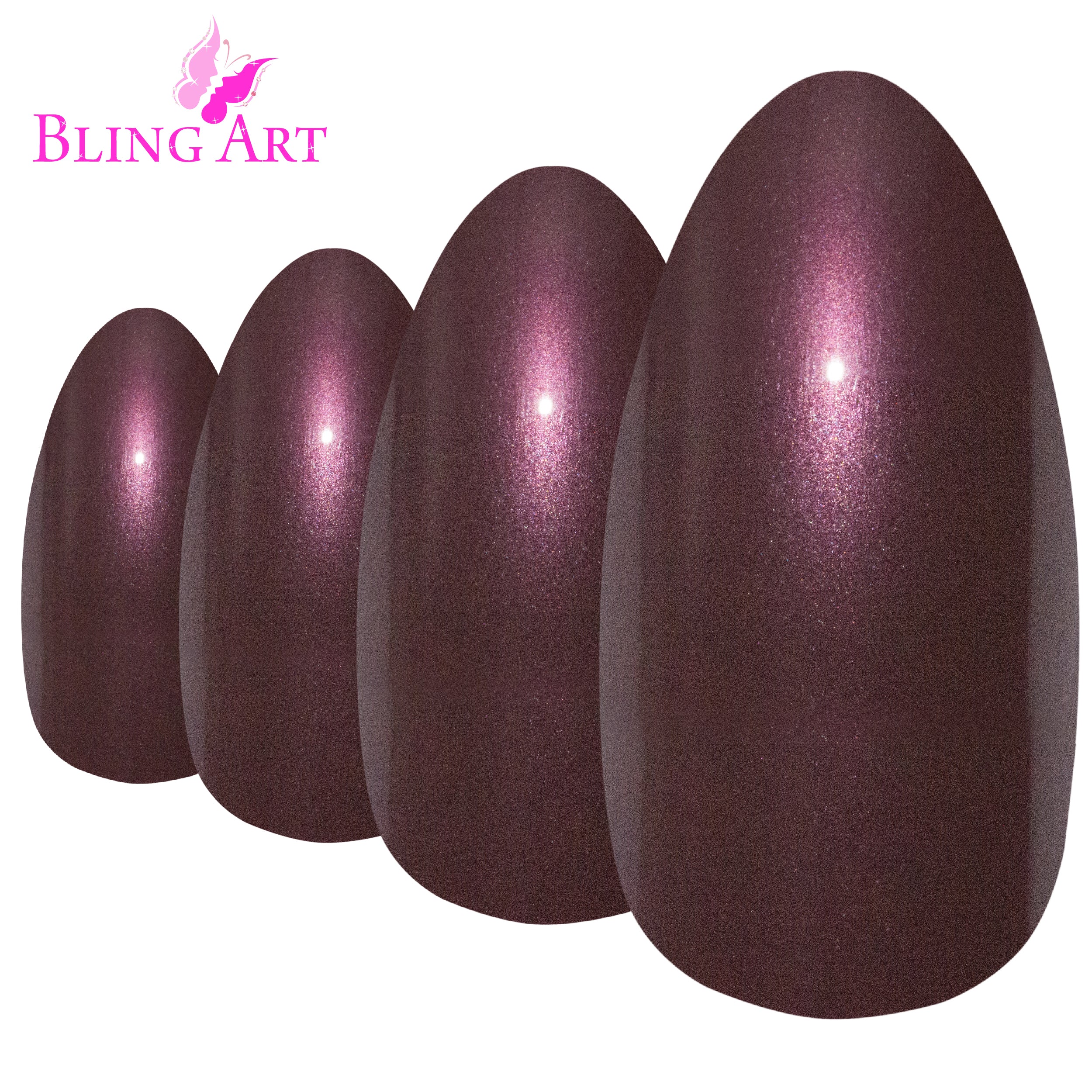 Brown glitter almond stiletto Bling Art press-on nails — alternative angle revealing the glitter density on the long almond stiletto shape.