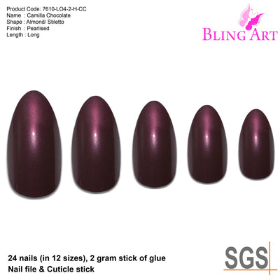Brown glitter almond stiletto Bling Art press-on nails — worn-hand close-up showing the chocolate-brown sparkle on long pointed almond stiletto tips. Almond = Stiletto (same shape).
