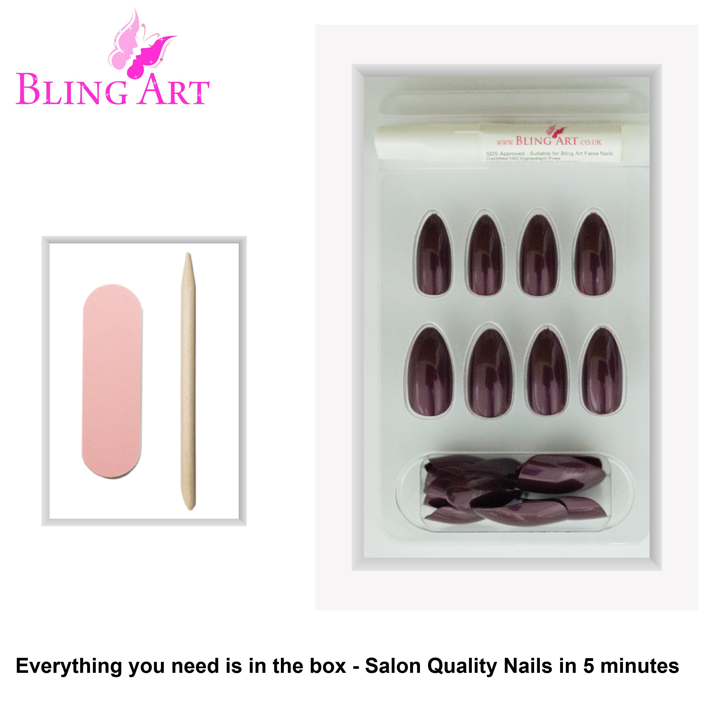 Brown glitter almond stiletto Bling Art press-on nails — full-hand reveal showing all 24 nails for autumnal seasonal events.