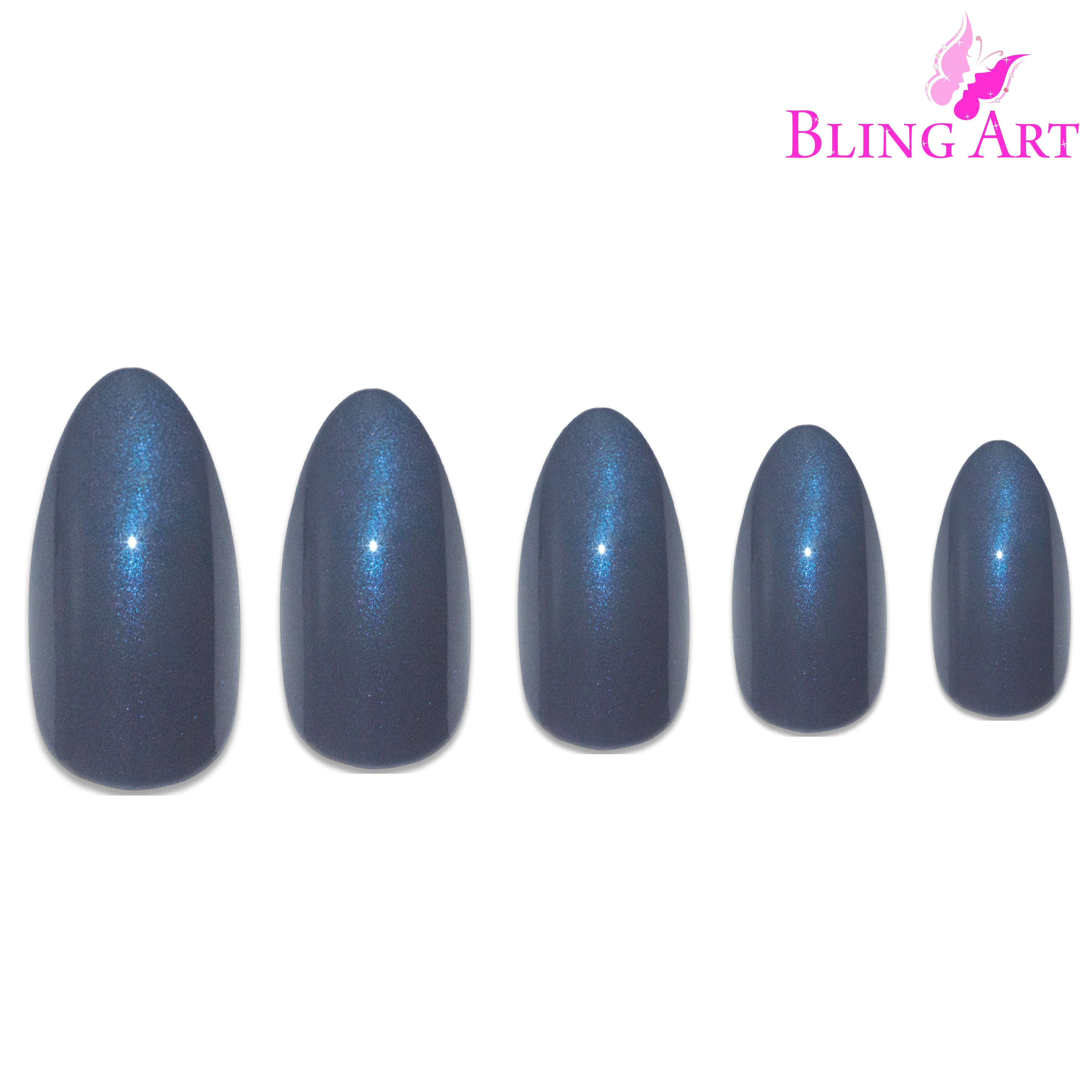 Grey glitter almond stiletto Bling Art press-on nails — alternative angle revealing the glitter density on the long almond stiletto shape.