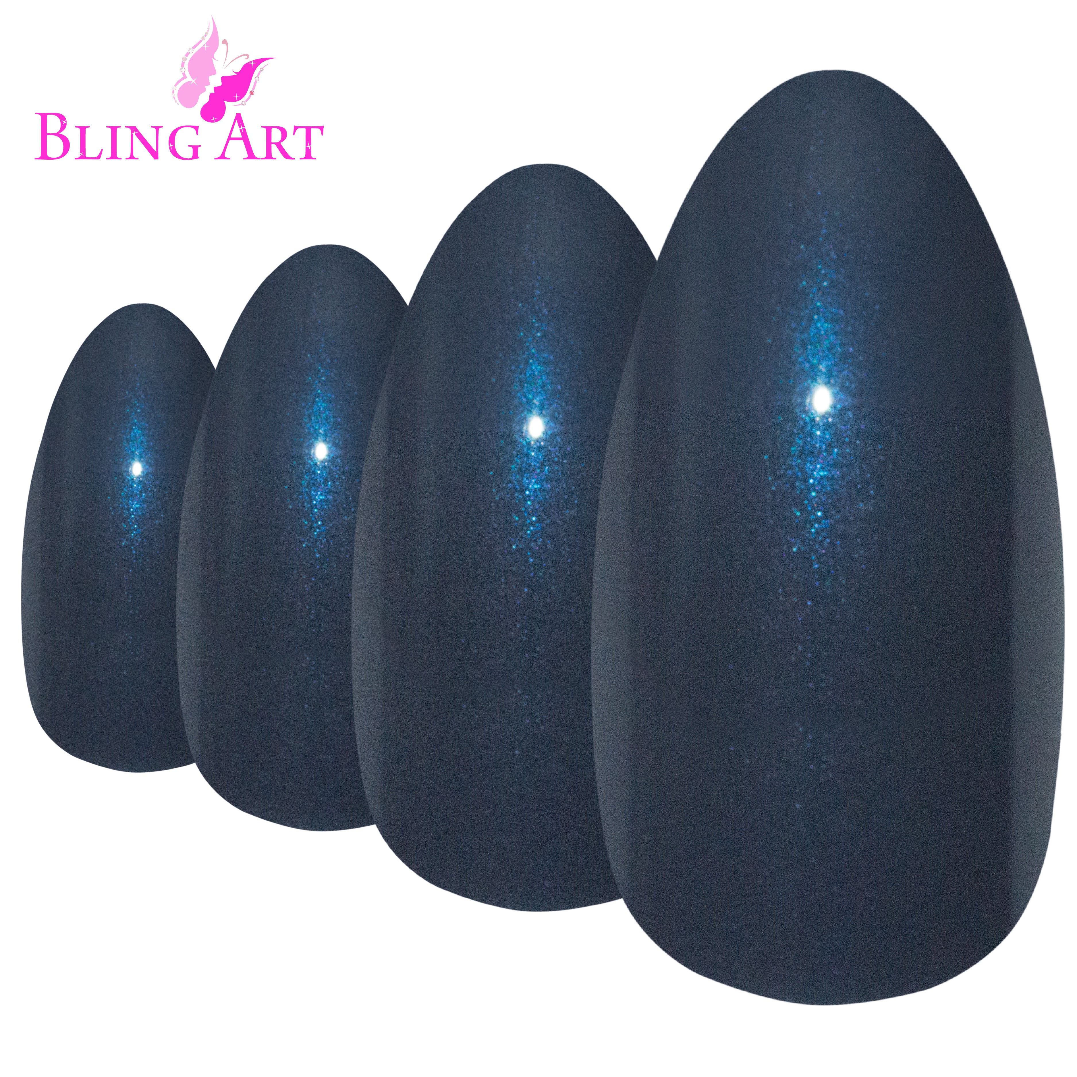 Bling Art Grey glitter almond stiletto press-on nail set packaging — 24 nails, 12 sizes XS-XXL, file and cuticle stick included. Glue not included.