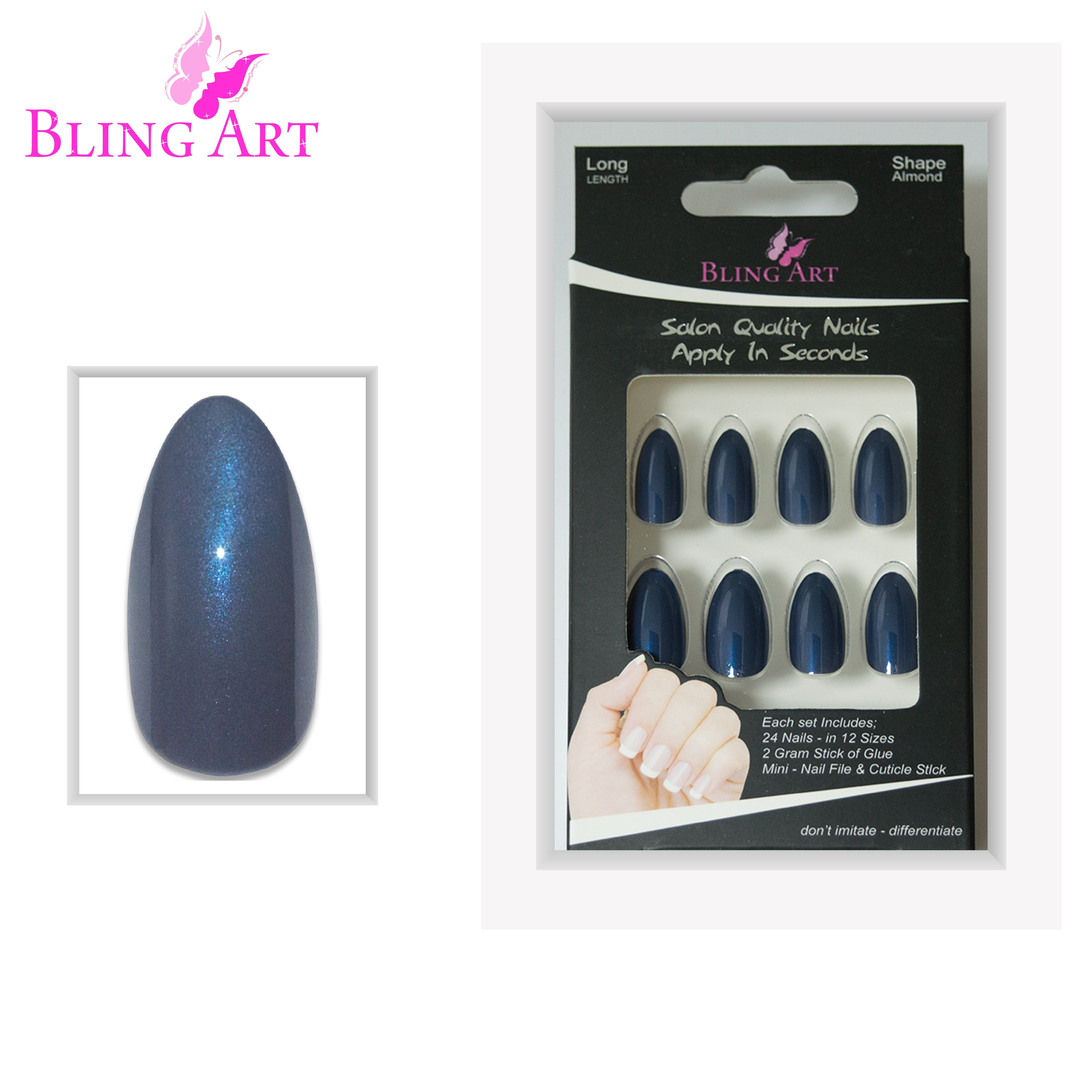 Grey glitter almond stiletto Bling Art press-on nails — full-hand reveal showing all 24 nails for parties and Christmas events.