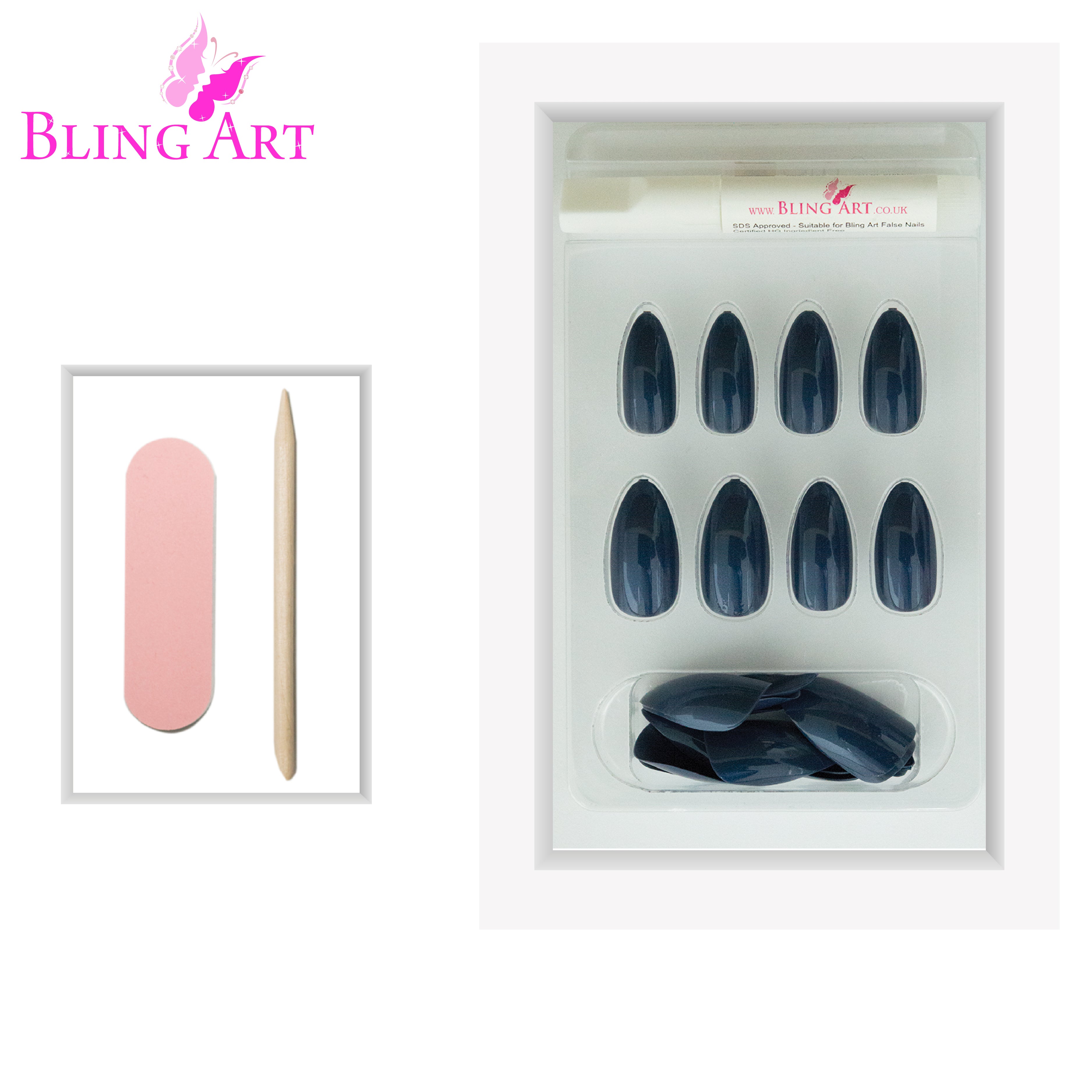 Grey glitter almond stiletto Bling Art press-on nails — lifestyle context shot showing the cool slate-grey sparkle.