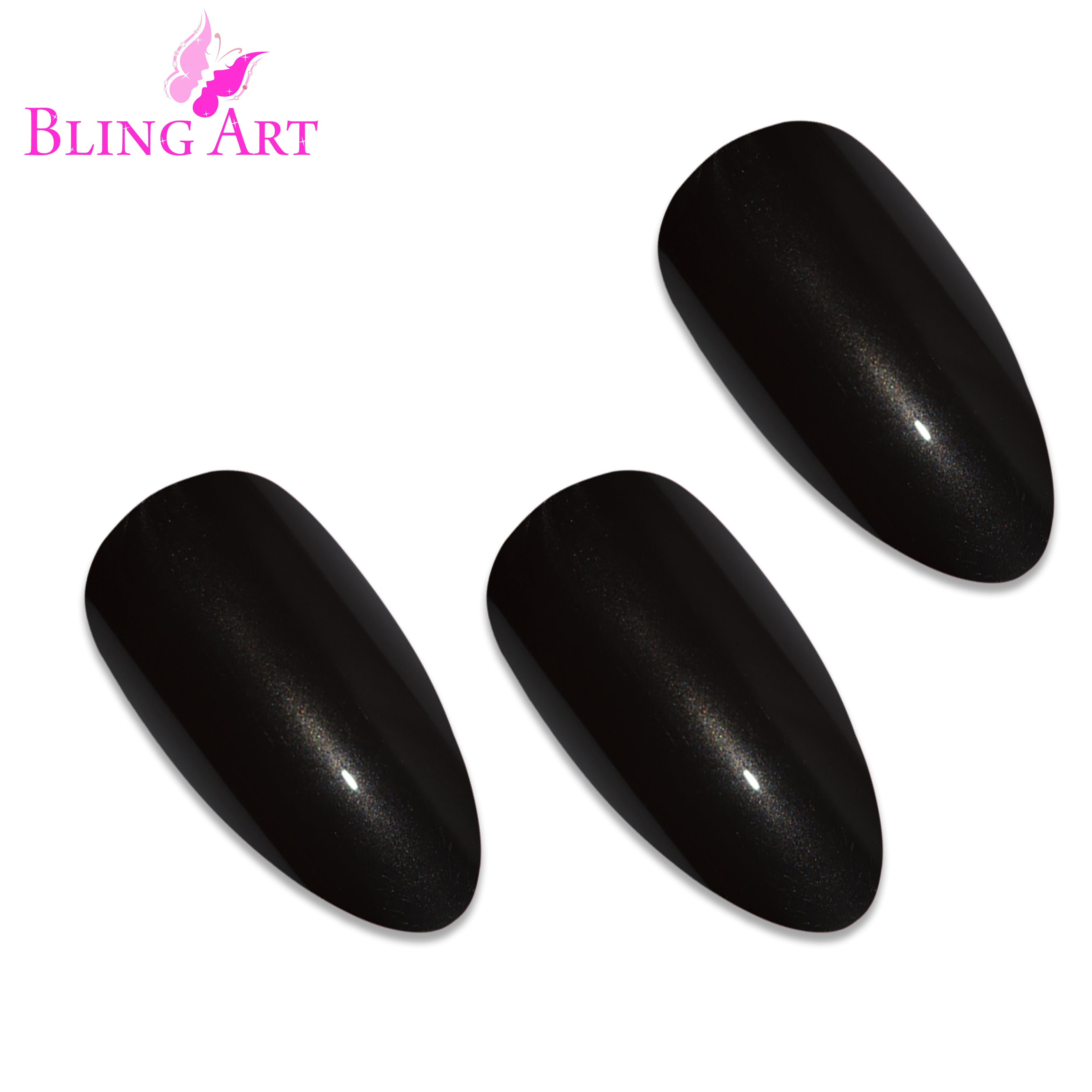 Black glitter almond stiletto Bling Art press-on nails — lifestyle context shot showing the evening-glamour jet-black sparkle.