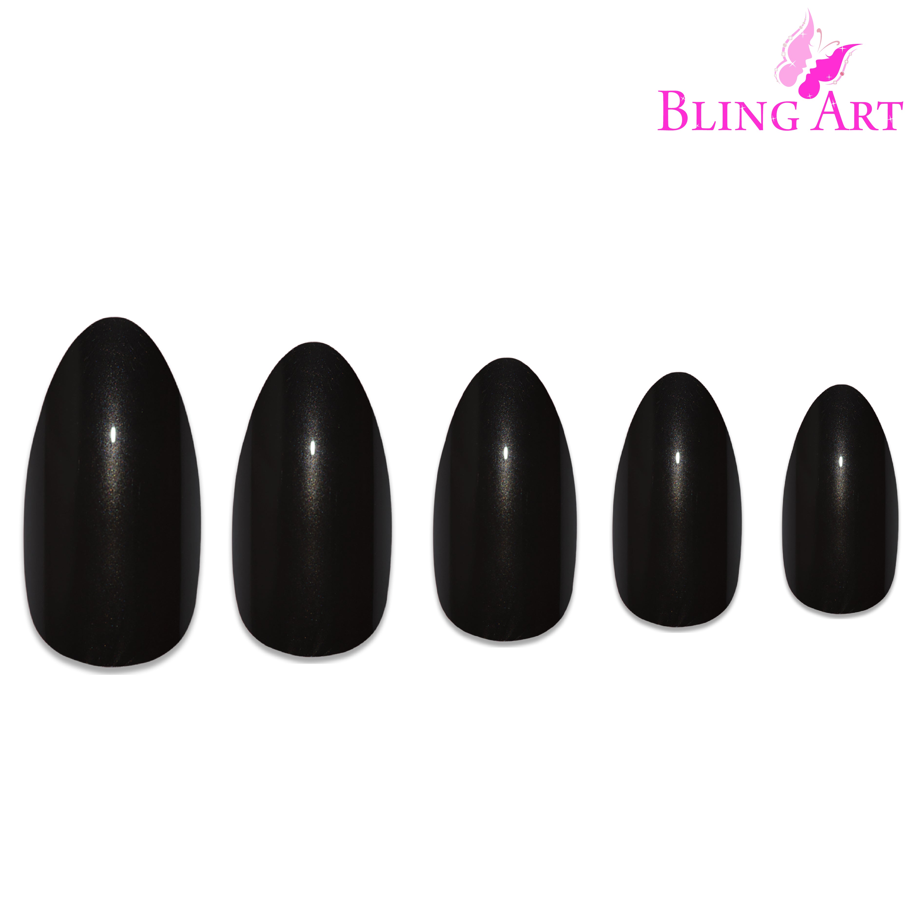Black glitter almond stiletto Bling Art press-on nails — full-hand reveal showing all 24 nails for parties, NYE and statement events.