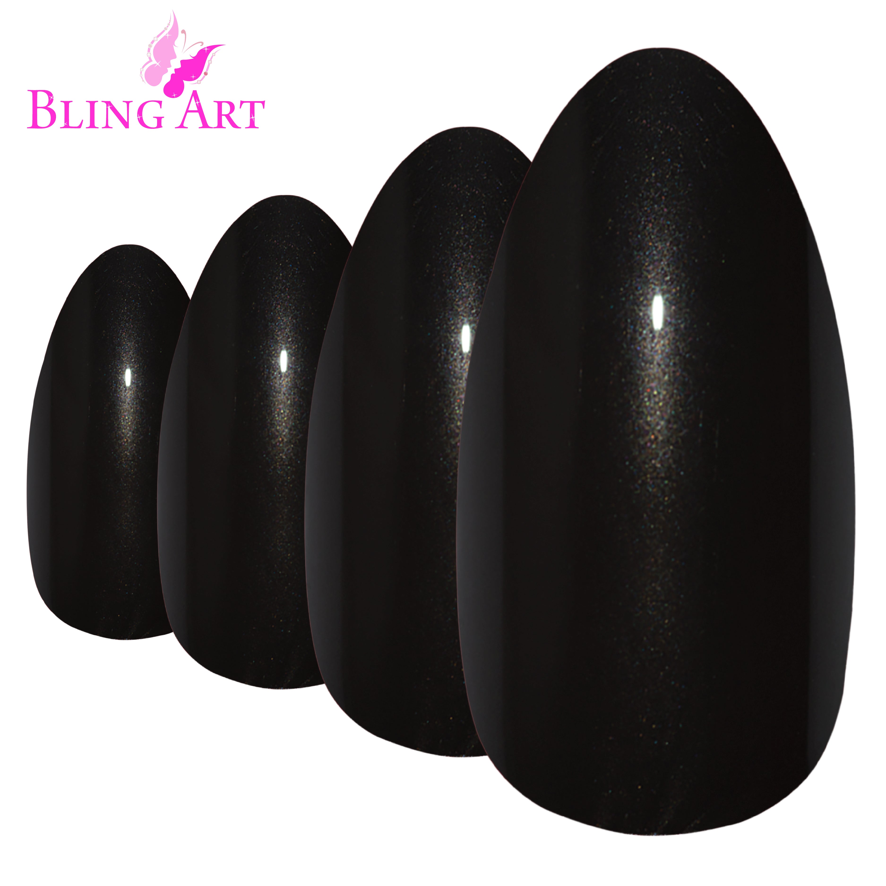 Black glitter almond stiletto Bling Art press-on nails — worn-hand close-up showing the jet-black sparkle on long pointed almond stiletto tips.