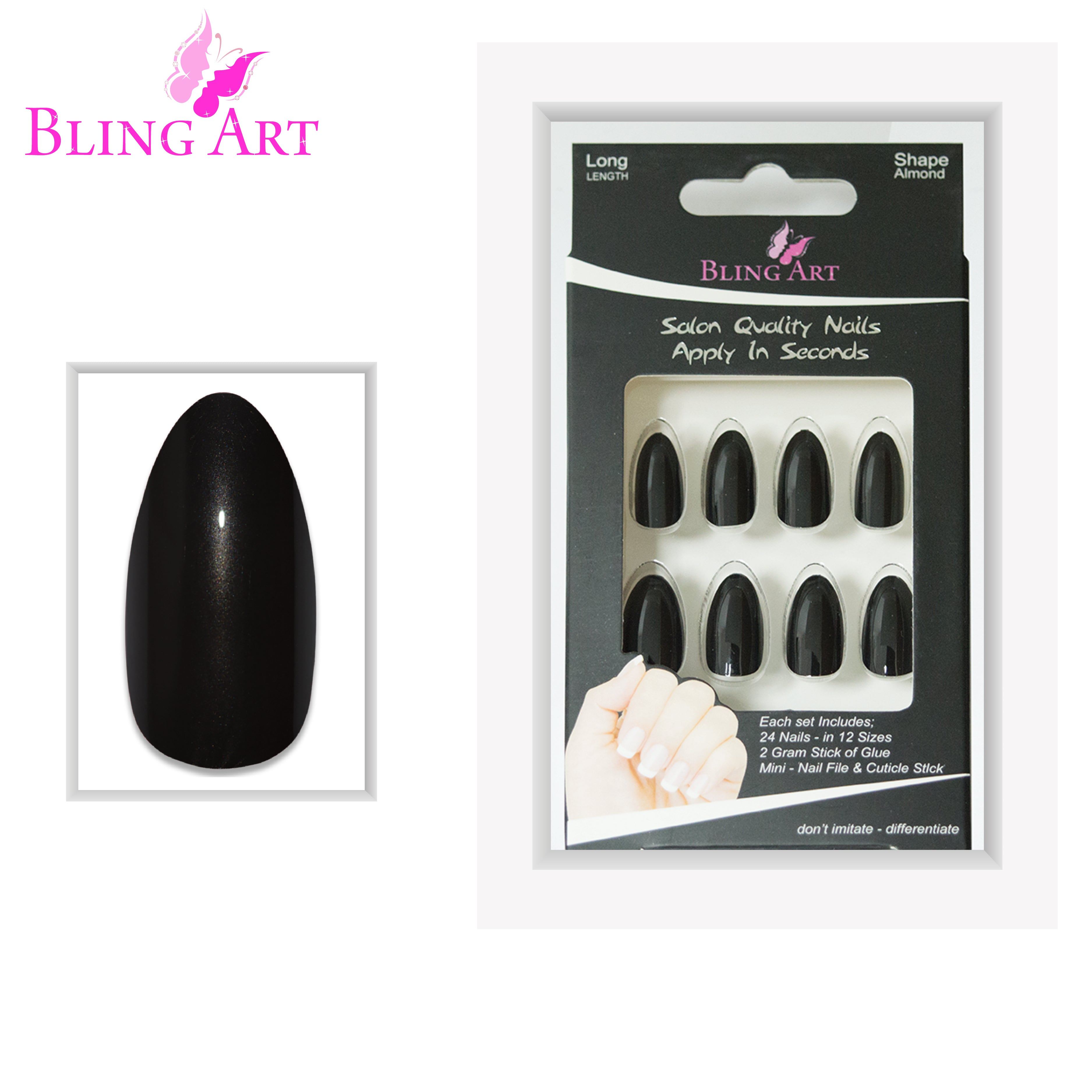 Black glitter almond stiletto Bling Art press-on nails — alternative angle revealing the glitter density on the long almond stiletto shape.